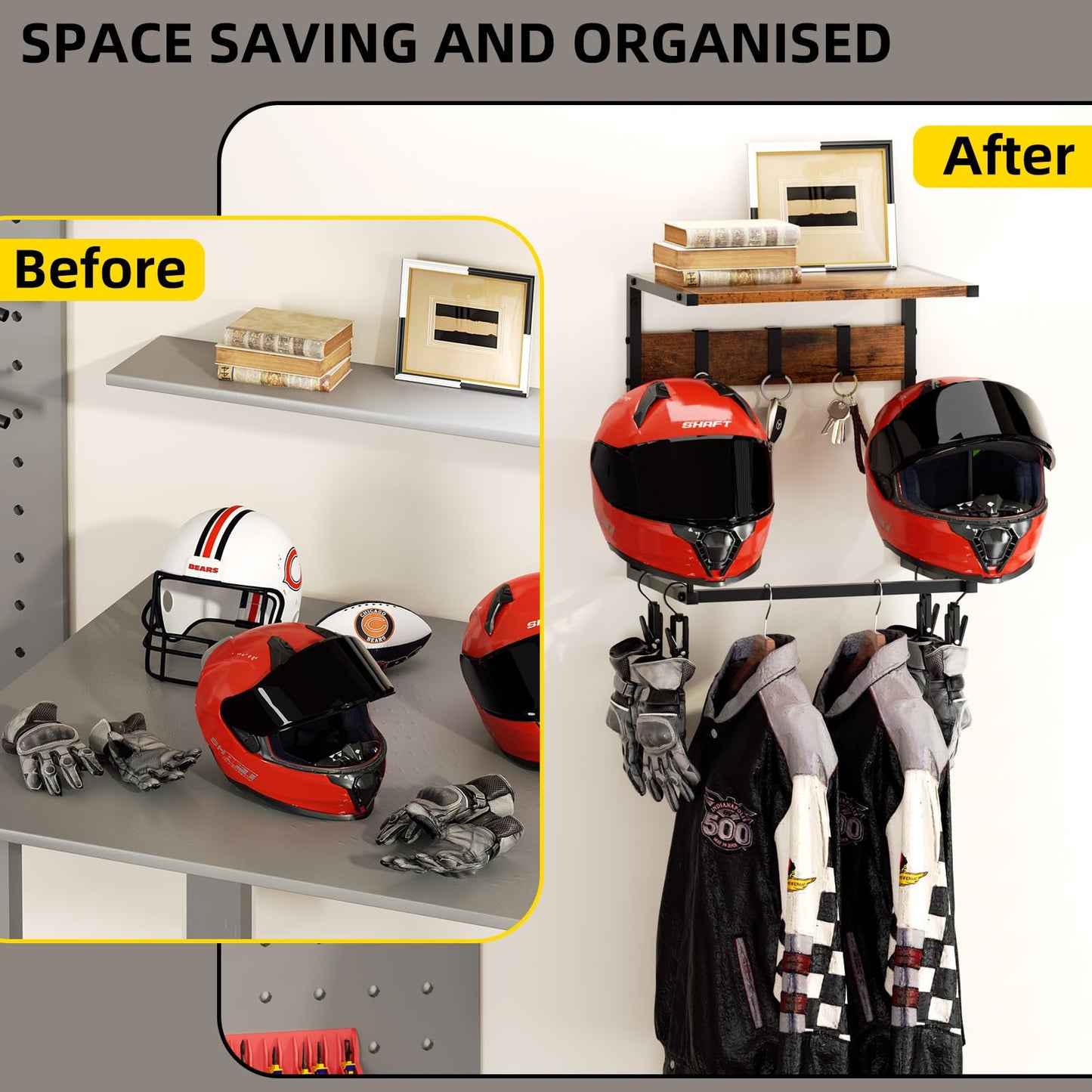 Urban Deco Motorcycle Helmet Holder Wall Mount, Helmet Rack with 2 Hat Stands, Helmet Stand for Display Wall Mount, Motorcycle Accessories Gear Storage for Men, Small