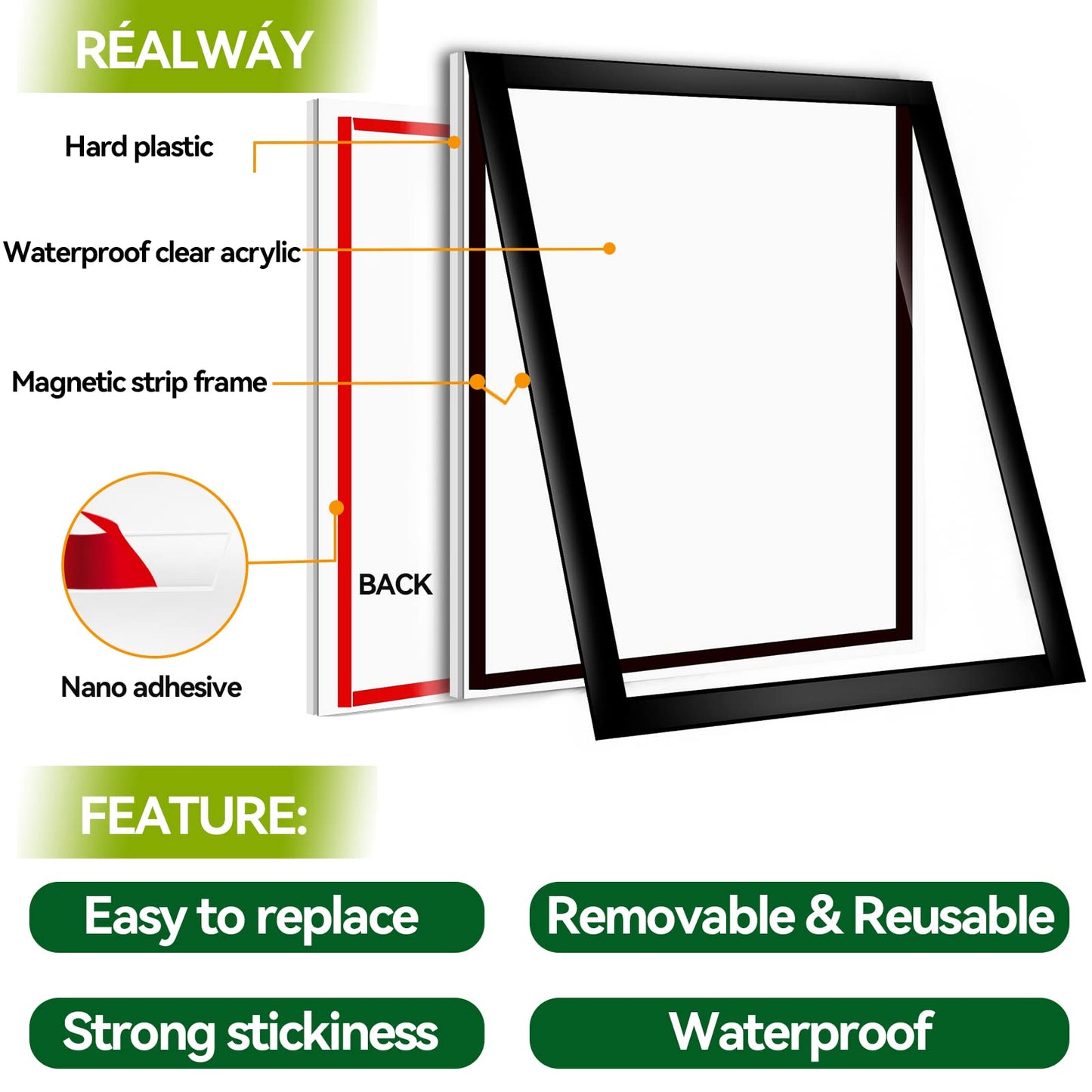 RÉΑLWÁY 8.5" x 11" Acrylic Sign Holder Wall Mount, Acrylic Wall Sign Holder With Tape,Clear Plexiglass Self-adhesive Plastic Display Frame, Door/Window Sign Holder 12 pack No Drilling