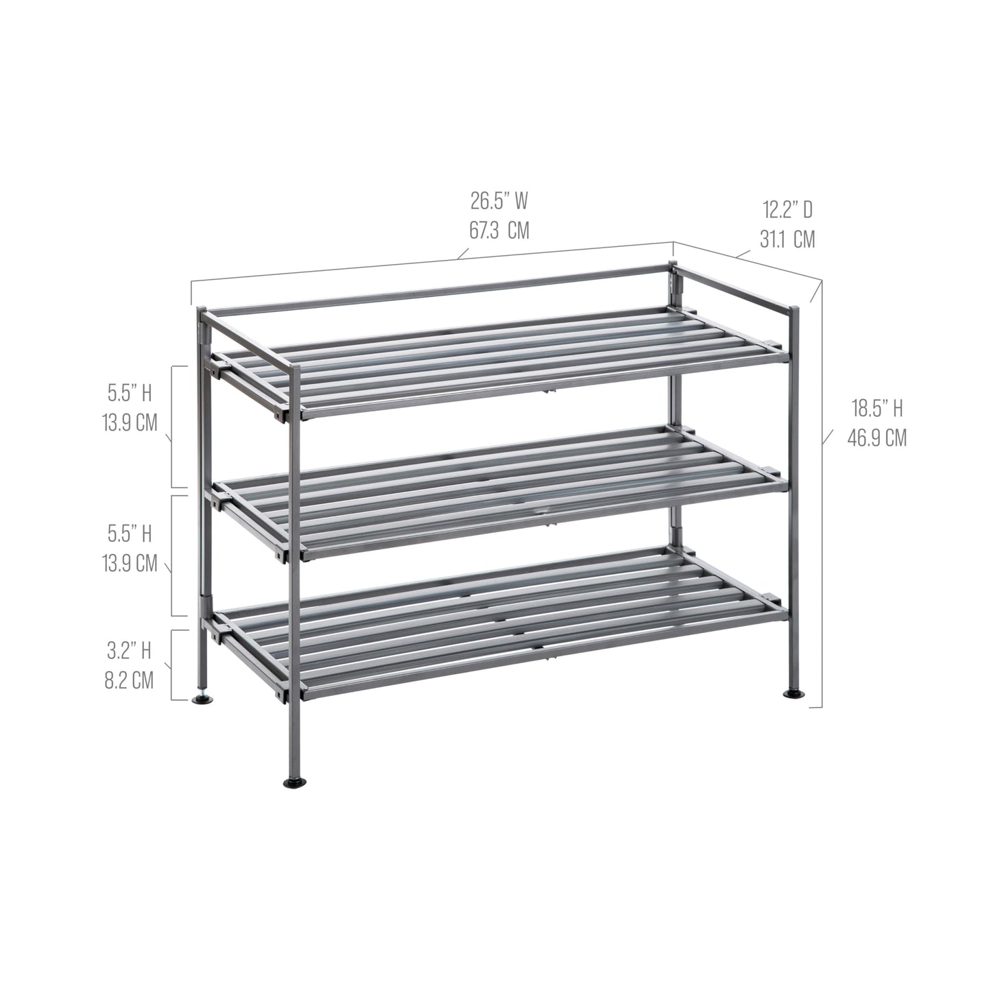 Seville Classics Sturdy Freestanding Storage Shelf for Bedroom, Closet, Entryway, Dorm Room Organizer Stackable Durable Metal Shoe Rack Ash Gray Slat, 3-Tier