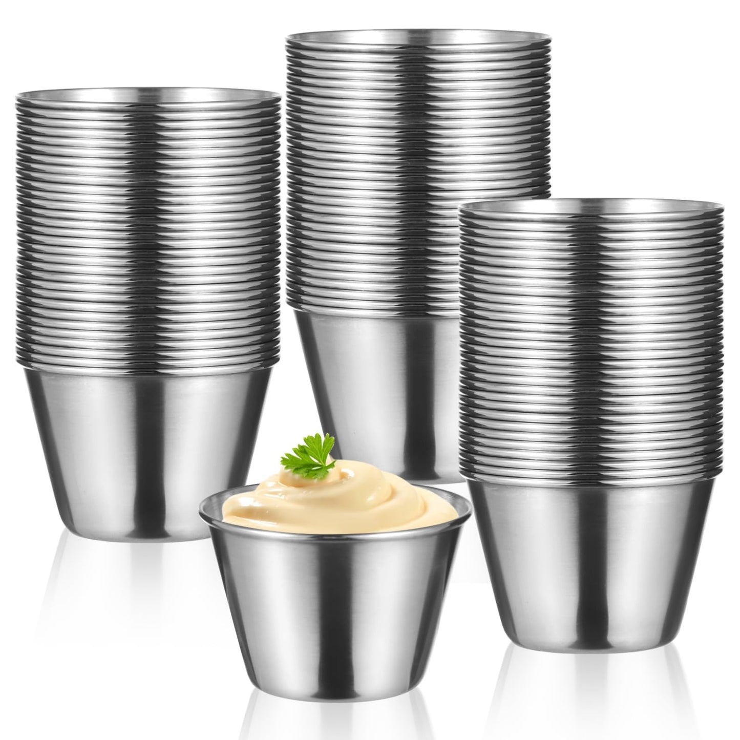 100Pcs Stainless Steel Dipping Sauce Cups, 2.5oz Metal ramekins,Reusable Metal Sauce Cups Stainless Steel Condiment Cups Small Dipping Bowls Round Individual Portion Cups for Home, Restaurant (100)