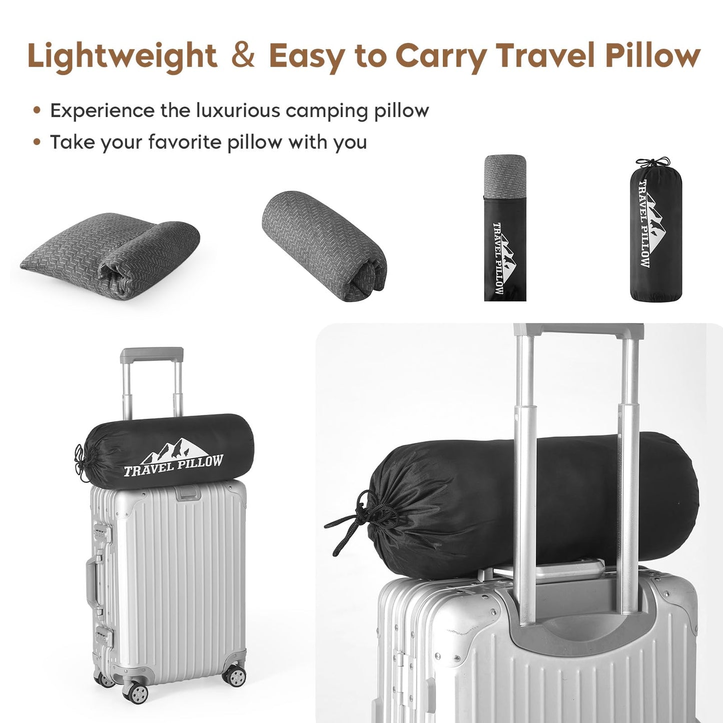 PEUJEW Travel Size Pillow, Compressible Memory Foam Pillow, Camping Pillow Breathable Cover for Travel Airplane Car Hiking Camping Outdoor