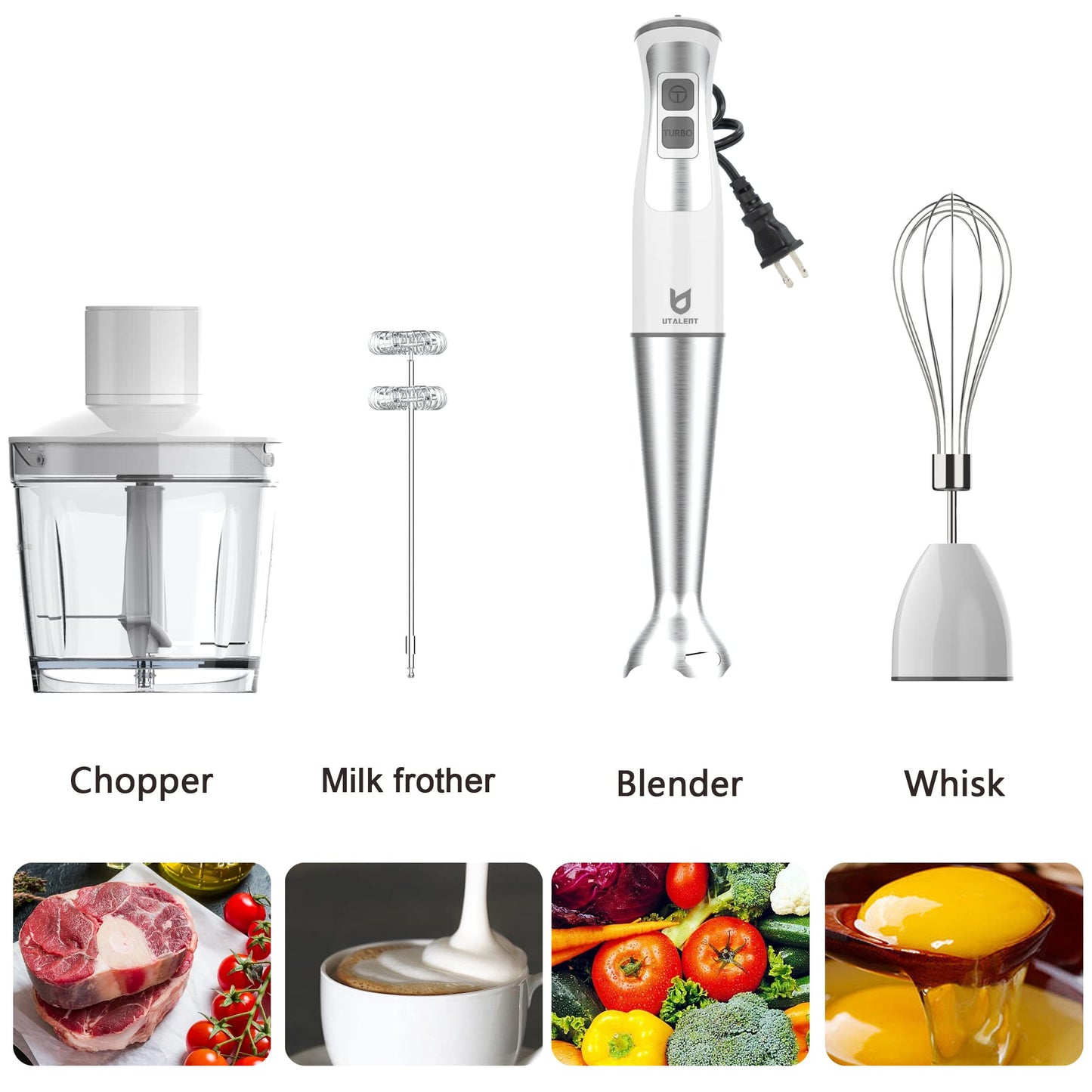 Immersion Hand Blender, UTALENT 5-in-1 8-Speed Immersion Blender with 500ml Food Grinder, 600ml Container,Milk Frother,Egg Whisk,Puree Infant Food, Smoothies, Sauces and Soups - White