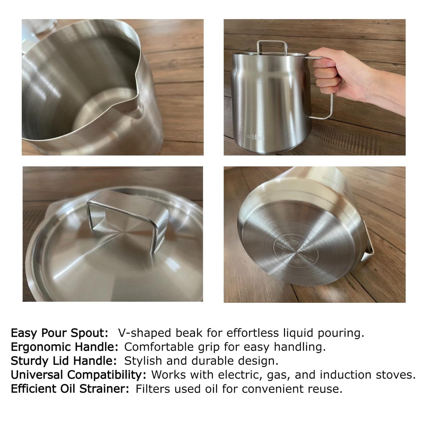 Saltlas 304 Stainless Steel Deep Fryer Pot with Basket and Oil Strainer, Double Bottom for Even Heating, Bacon Grease Container for Kitchen and Camping, Japanese Tempura Fryer, 2L (2Qt/68oz)