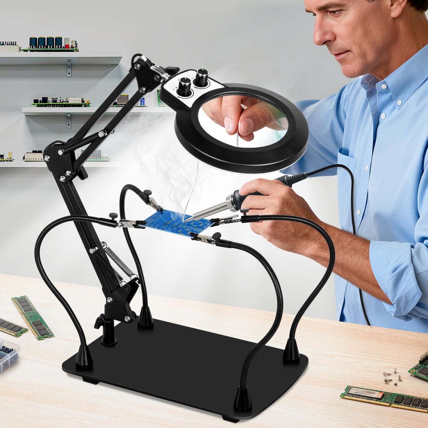 KUVRS Helping Hands Soldering Station, 10X Magnifying Glass with Light and Stand, Third Hand Soldering Tool Magnetic, Infinite Color Solder Magnifier for Repair Hobby Craft(10X PCB Arm Rotary Switch)