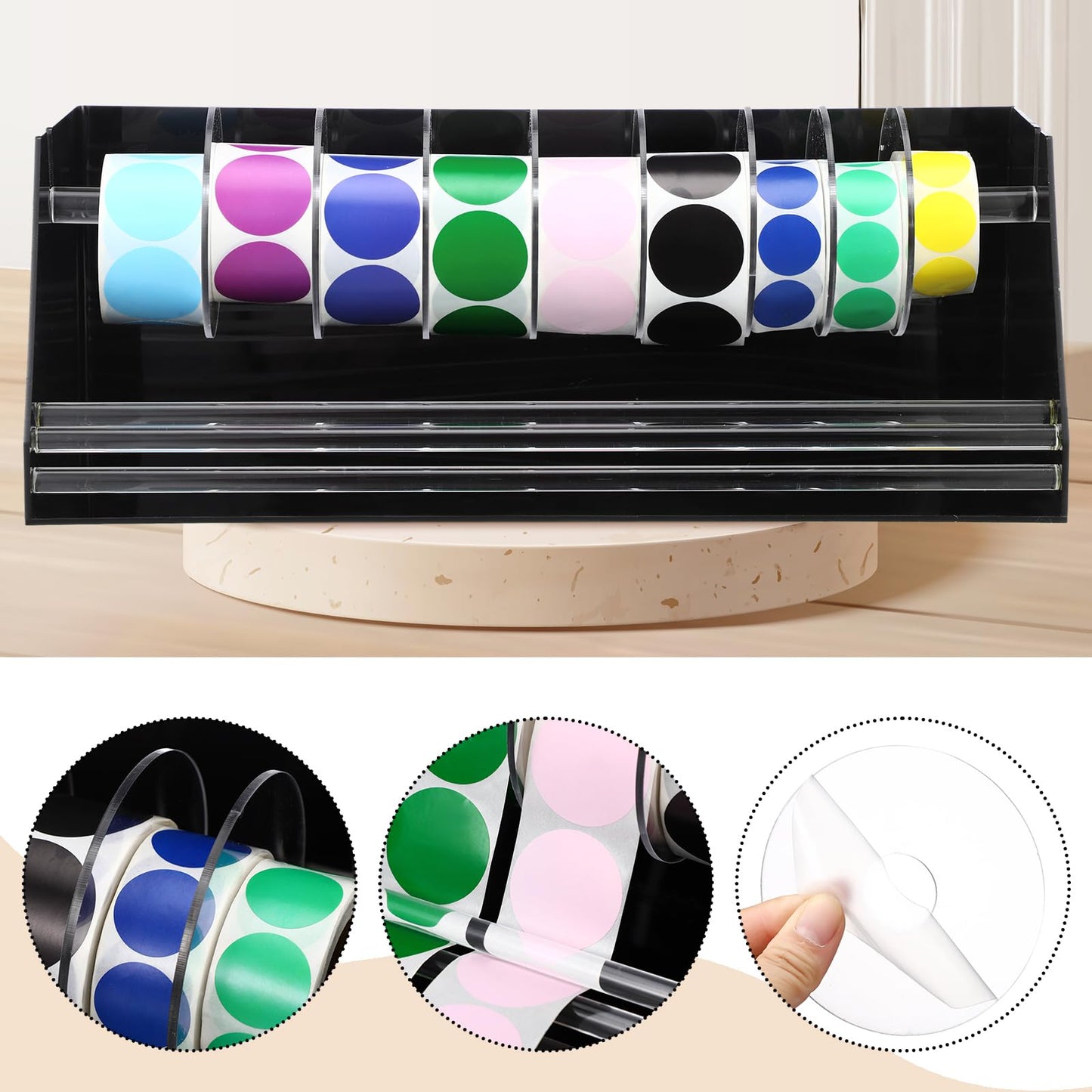 Feifeiya Adjustable Label Dispenser Acrylic Sticker Roll Dispenser Label Roll Holder Multi Use Sticker Holder Organizer Stand for School Gifts and Home Office Desktop(9 Disks)