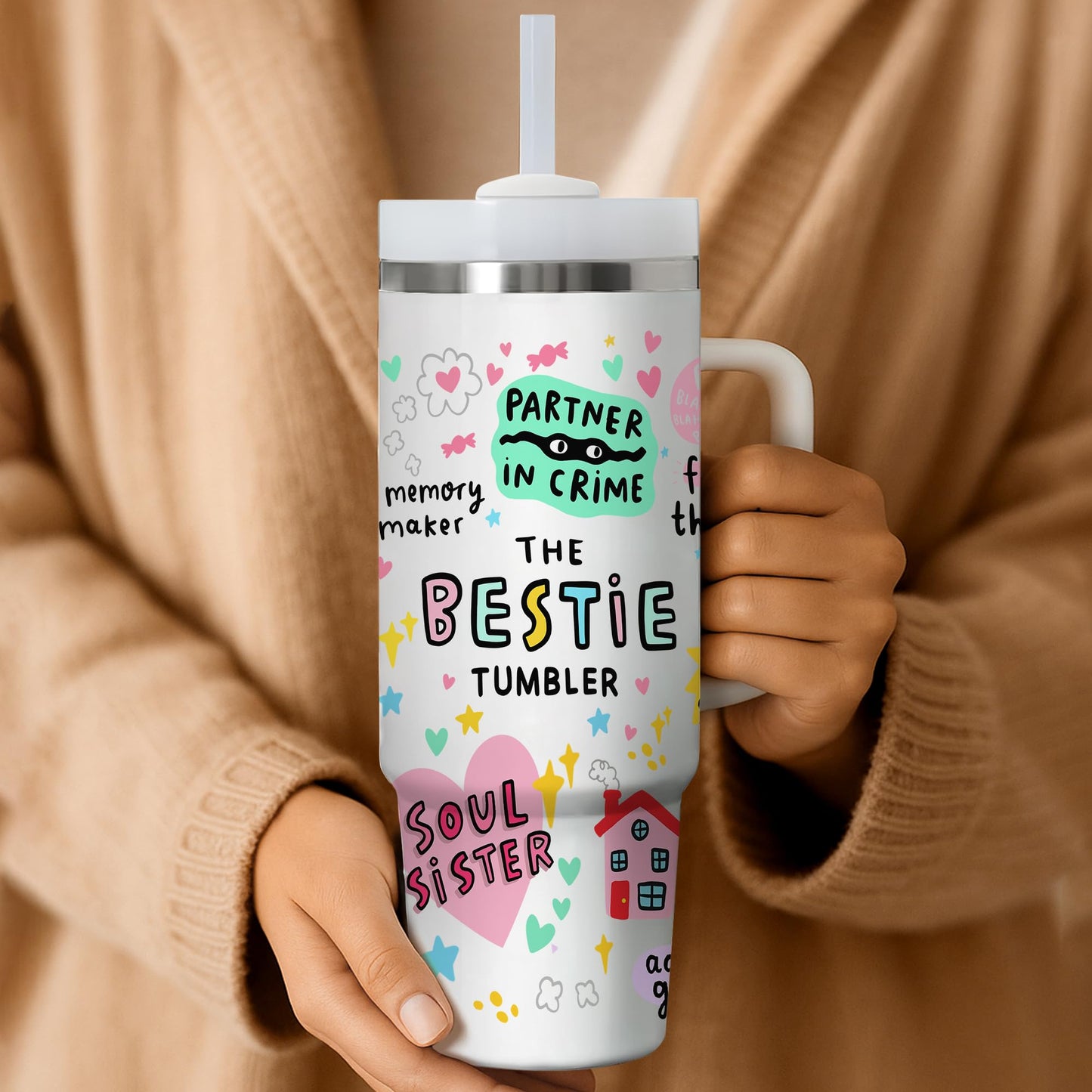 Gossby Bestie Gift for Women - 30oz THE BESTIE TUMBLER - Friend Tumbler for Women - Christmas, Birthday, Friendship Gifts - Funny Best Friend Gift - Stainless Steel Insulated Travel Mug with Handle