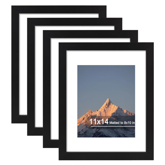 SZYUU 11x14 Picture Frame Set of 4, High Definition Real Glass, Display Pictures 8x10 with Mat or 11x14 Without Mat, Gallery Wall Hanging Photo Frames, Black