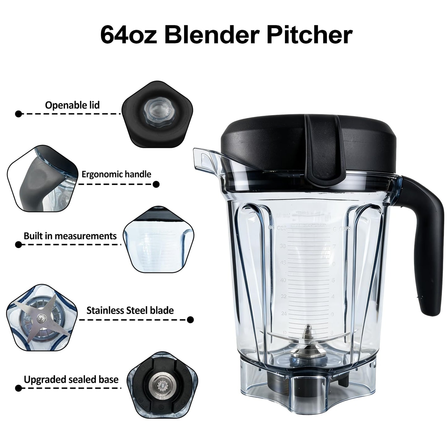 Blender Pitcher 64oz Low-Profile, Replacement Pitcher for 750 5200 7500 6300 Vm0103 Vm0197 E310 G/Classic C/Explorian/Commercial series etc
