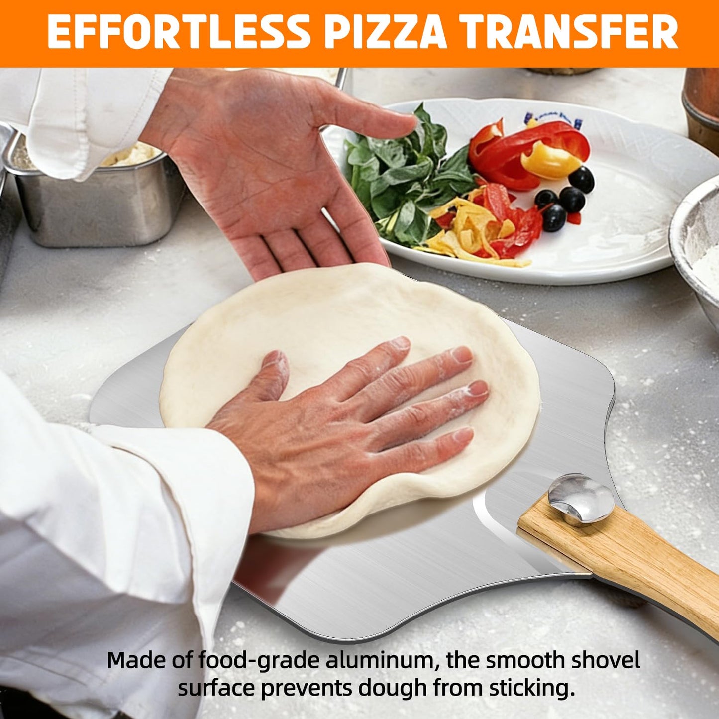 Pizza Peel and Pan Set, 6 Piece Pizza Oven Accessories, 12 Inch Metal Pizza Paddle with Foldable Wooden Handle, 8 Inch Metal Peel, Rocker Cutter, Server, Stainless Steel Plates and Tongs