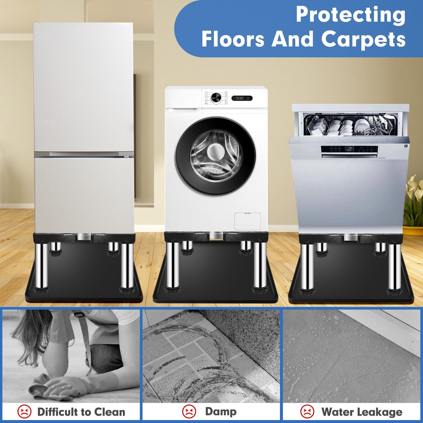 Ailahloe Mini Fridge Stand with 23.6'' Silicone Mat (11.4"-12.6" High), 4 storage Feet Adjustable Base Tray Anti-Vibration for Mini Refrigerator Stand Washing Machine Stand, Max Load 340LBS