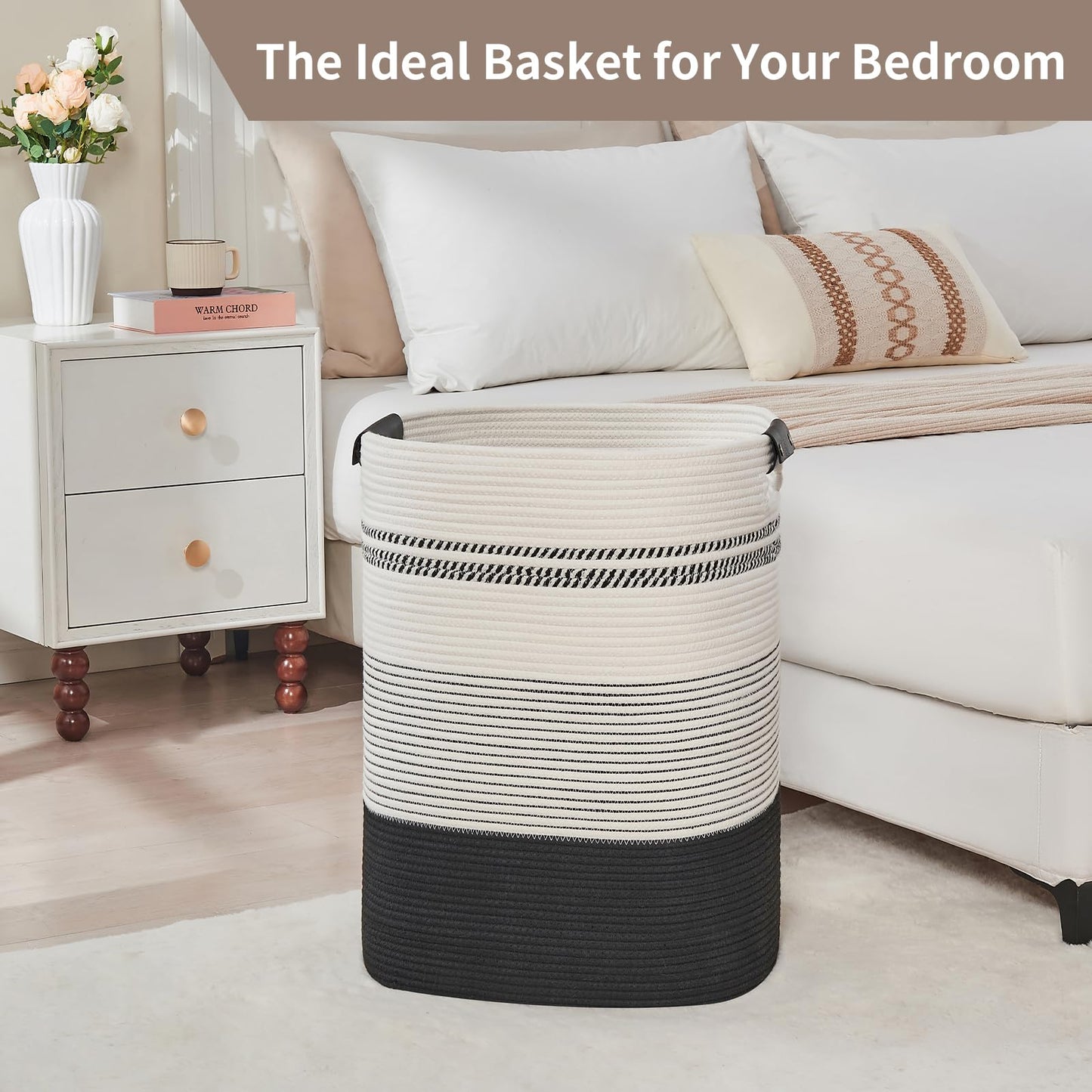 DOFASAYI Laundry Hamper - 85L Large Laundry Basket with Leather Handles, Decorative Storage Basket for Blankets - Clothes Hamper for Living Room, Bedroom, Black & White