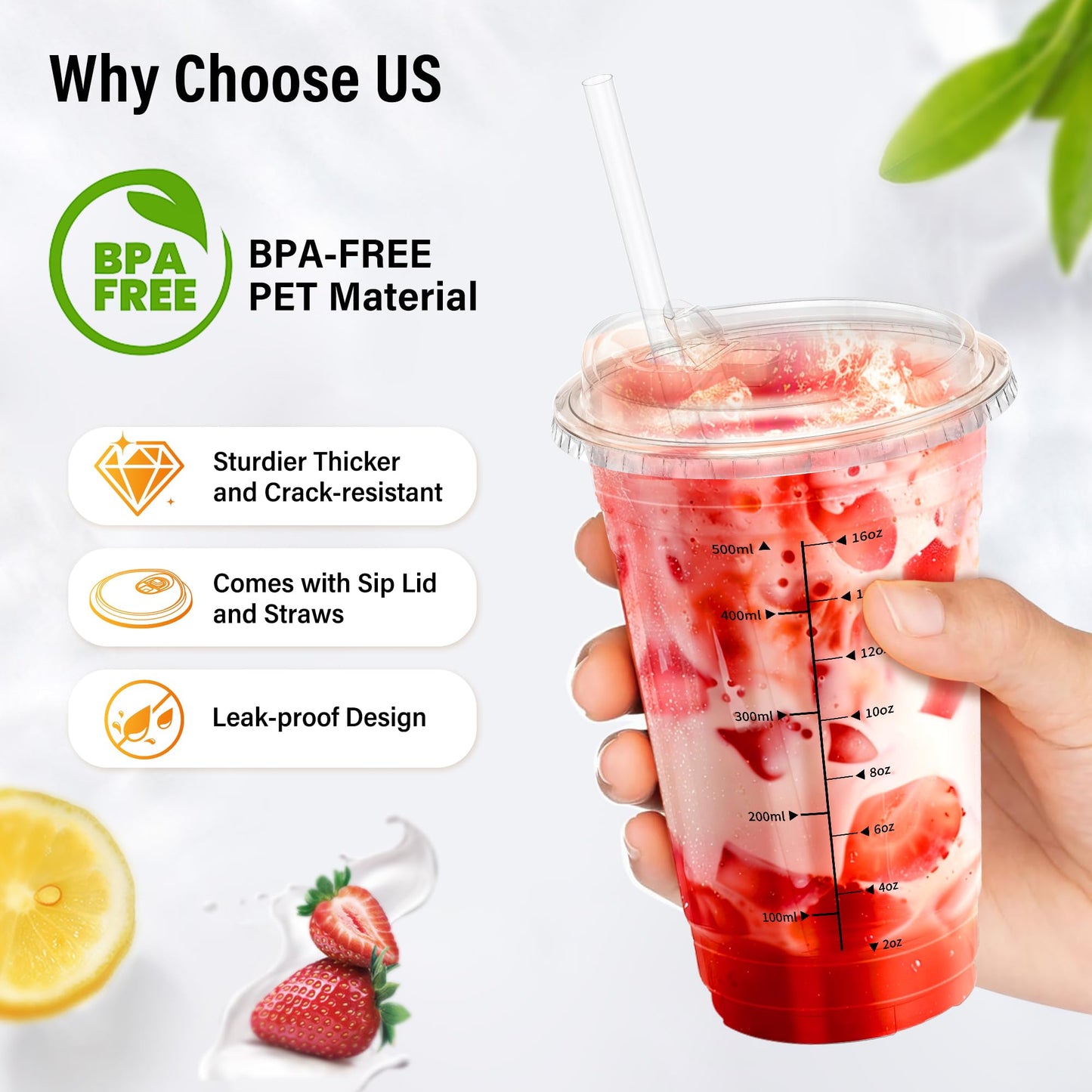 100 Pack - 16 oz Ratio Lines Iced Coffee Cups with Lids & Straws – No Guessing for Consistent Drinks, Disposable Clear Plastic Cups with Lids and Straws for Coffee, Smoothies, Juice, Parties Food Safe