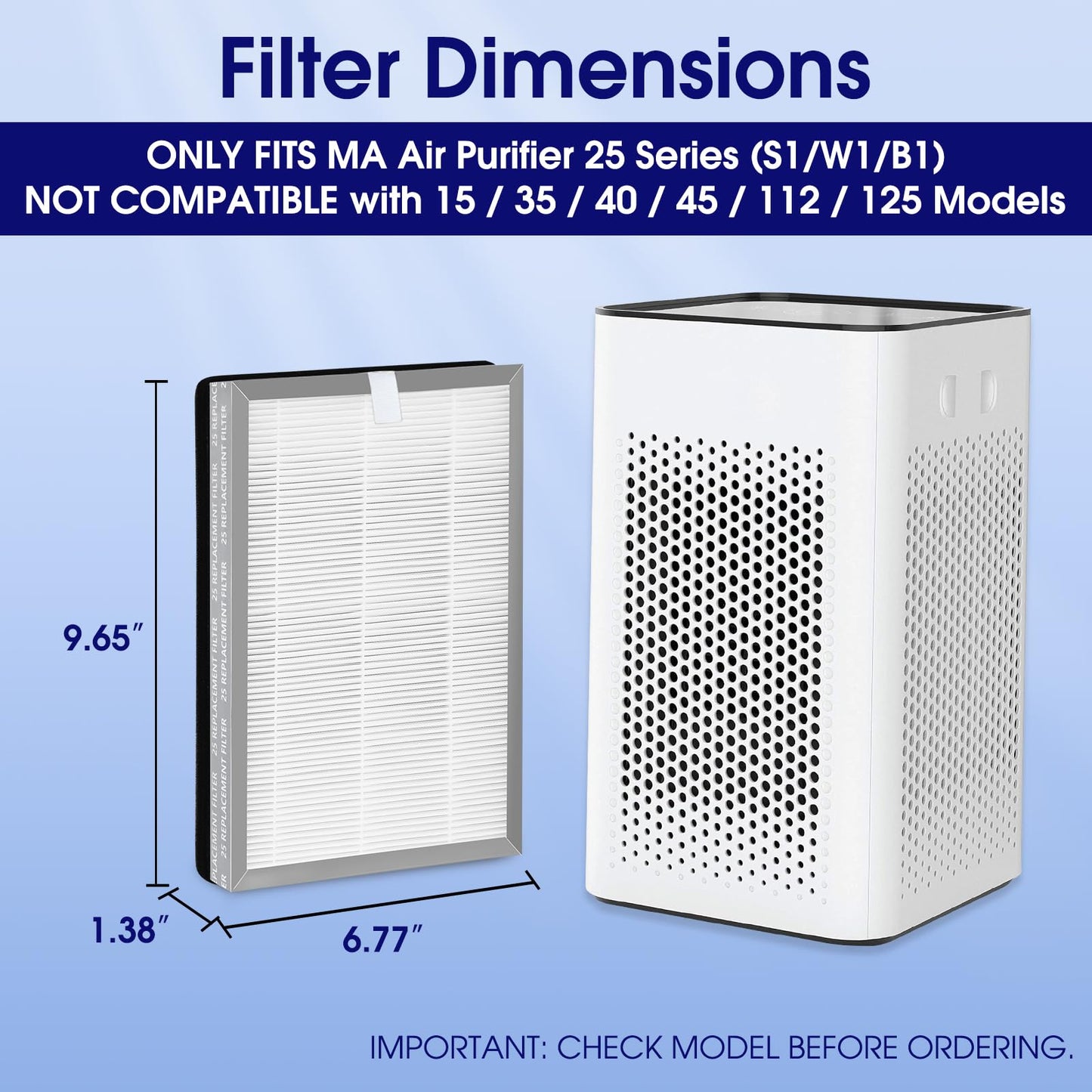 8-Pack 25 Replacement Filter for MA Air Purifier 25 Series (S1/W1/B1), 3-in-1 High-Efficiency H-13 Grade, Pre-Filter and Activated Carbon