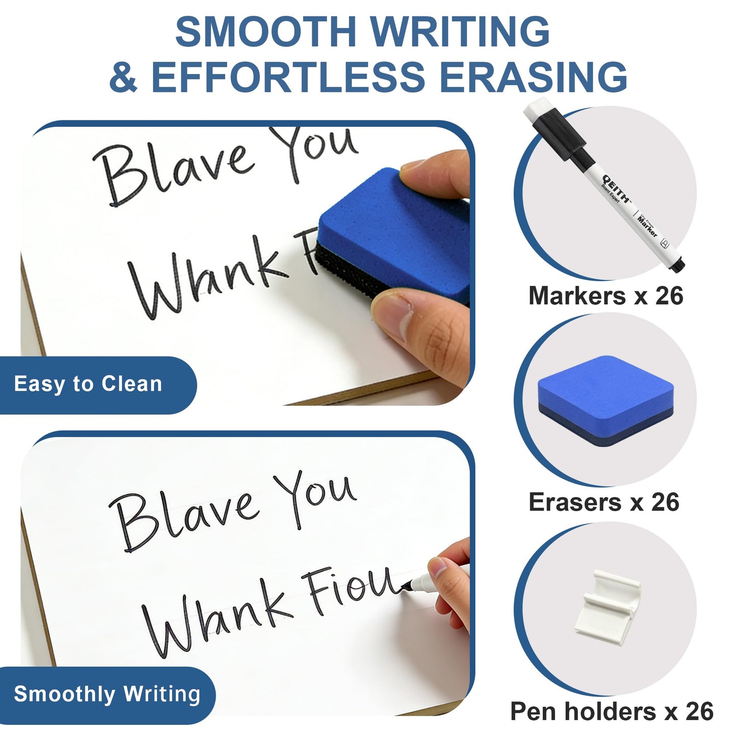 Dry Erase Boards, 26 Pack 9"x12" Double Sided Portable Handheld Small Whiteboards, for Children, Students, Teachers and Schools, Including 26 Markers, 26 Erasers, 26 Pen Holders.