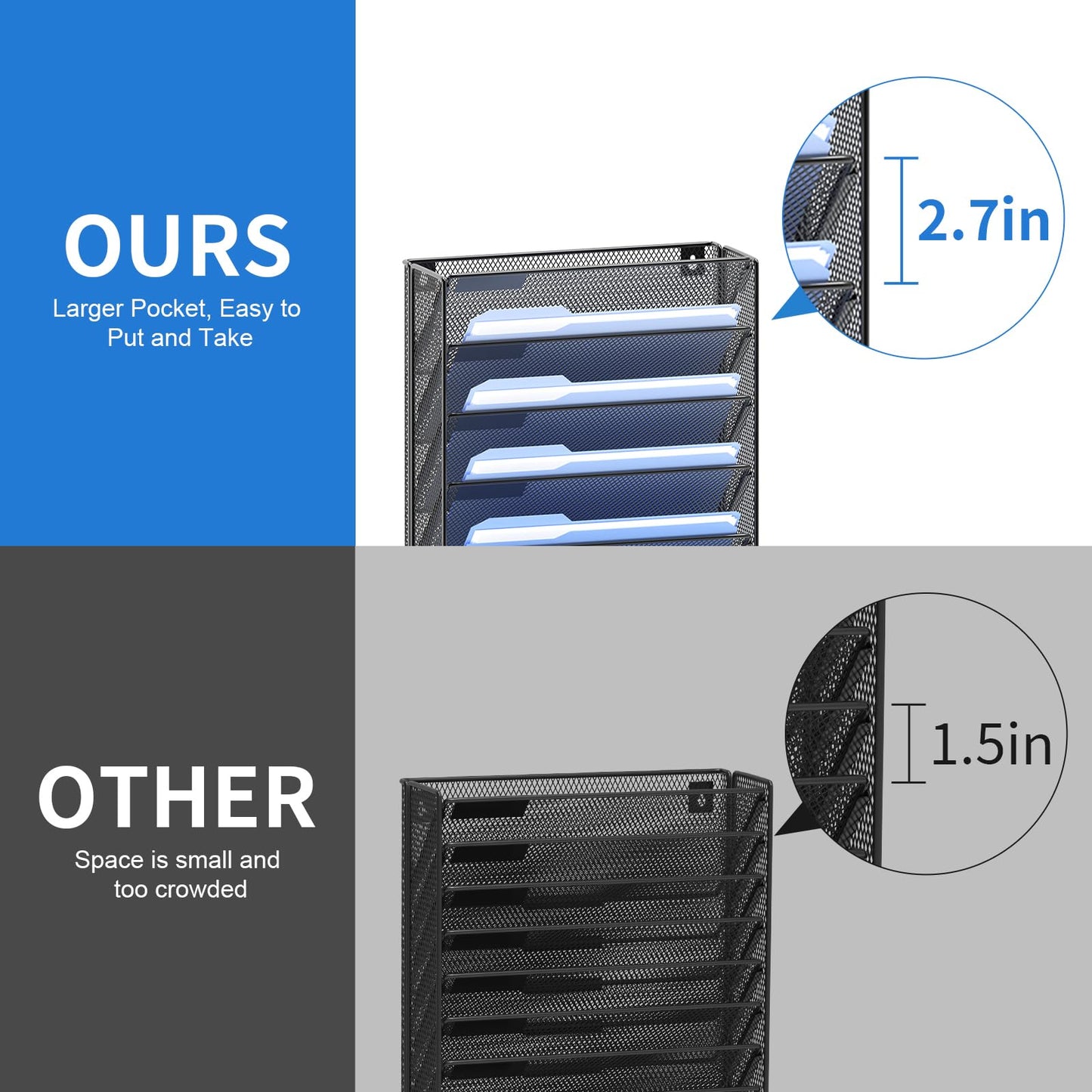 OUTWOLF Hanging Wall File Organizer with Hooks, 12 Tier Vertical Wall Mount File Holder, File Folder Wall Organizer for Office