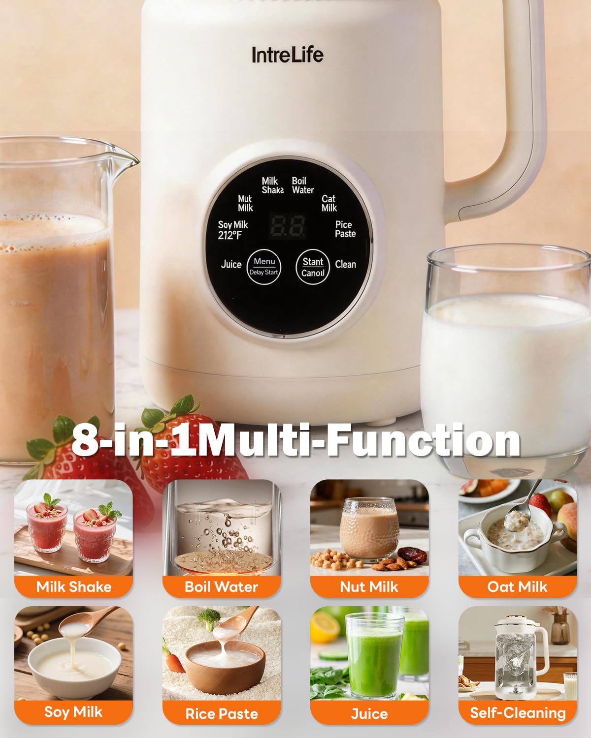 IntreLife 34 oz Nut Milk Maker Machine, 8 in 1 Soy Milk Maker with Nut Milk Bag, Plant Based Milk Maker for Almond, Oat, with Delay Start/Keep Warm/Self Cleaning, Cream