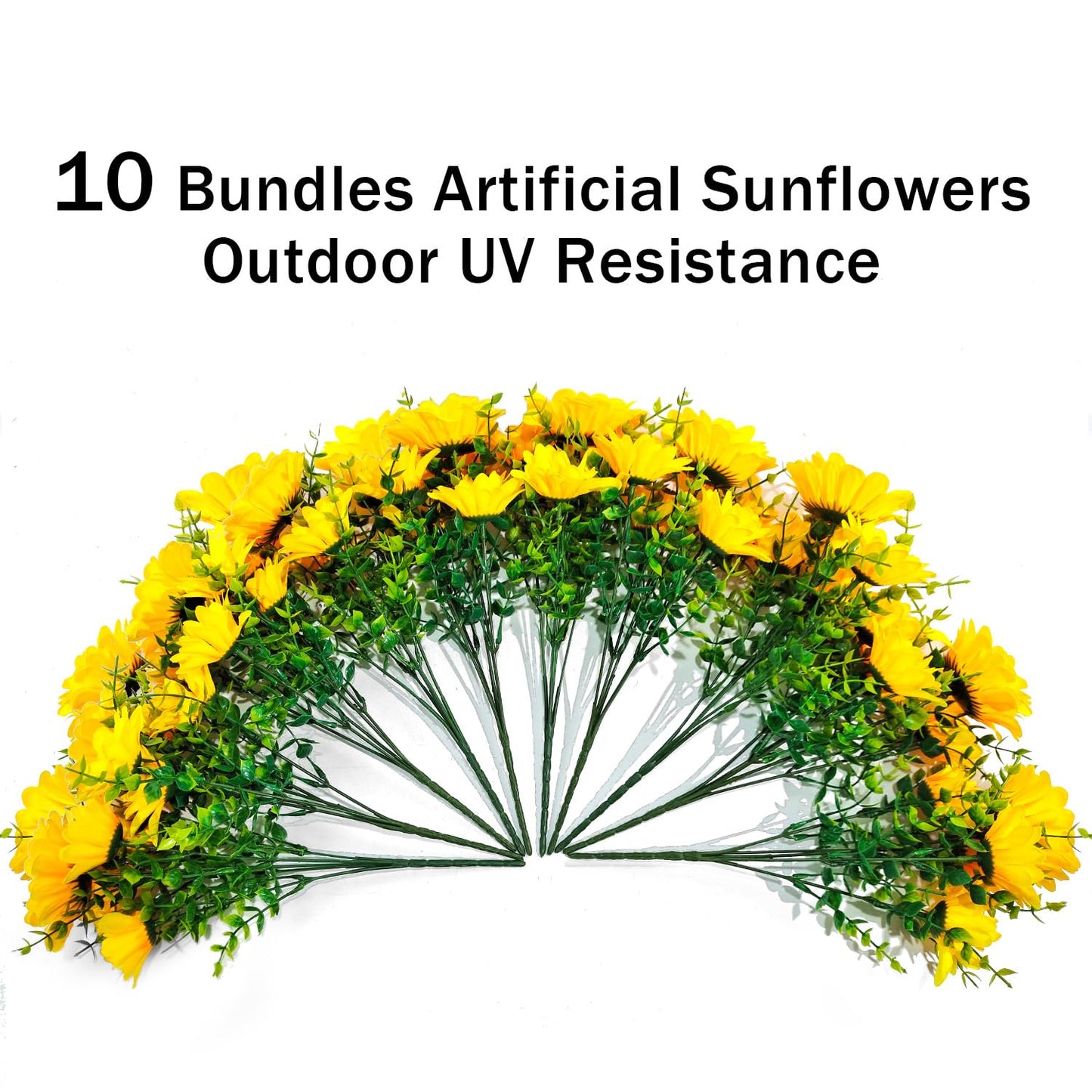 FOUSUKA Artificial Sunflowers for Outdoors, 10 Bundles Fake Silk Sunflowers with Eucalyptus Leaves UV Resistant for Home Outside Front Door Porch Planters Garden Balcony Yard Patio Wedding Party Decor
