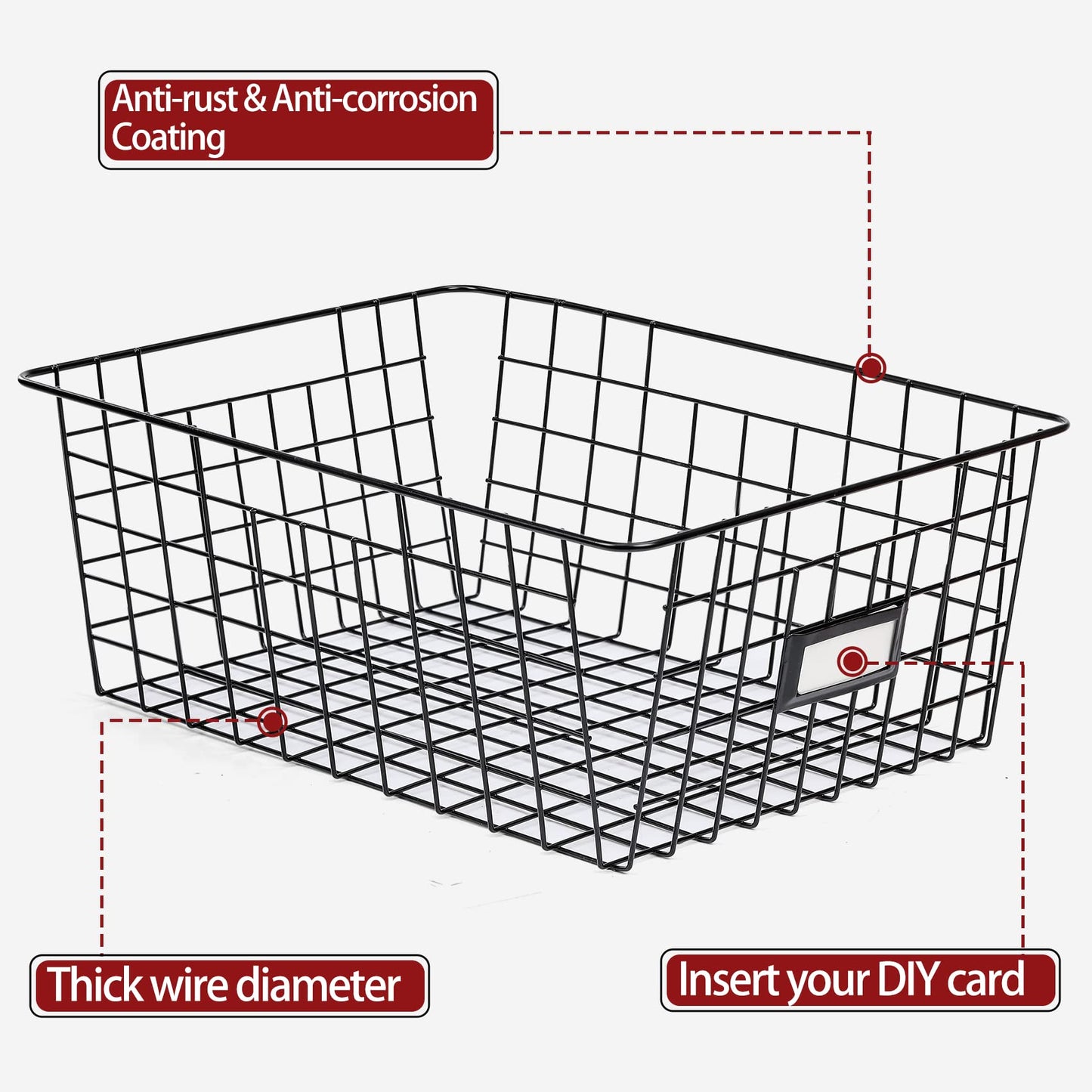 8 Set, Extra Large Wire Baskets for Organizing with Lables, Cabinet Pantry Organization and Storage Bins - Metal Basket for Kitchen, Laundry, Garage, Fridge, Bathroom Countertop Organizer, Black