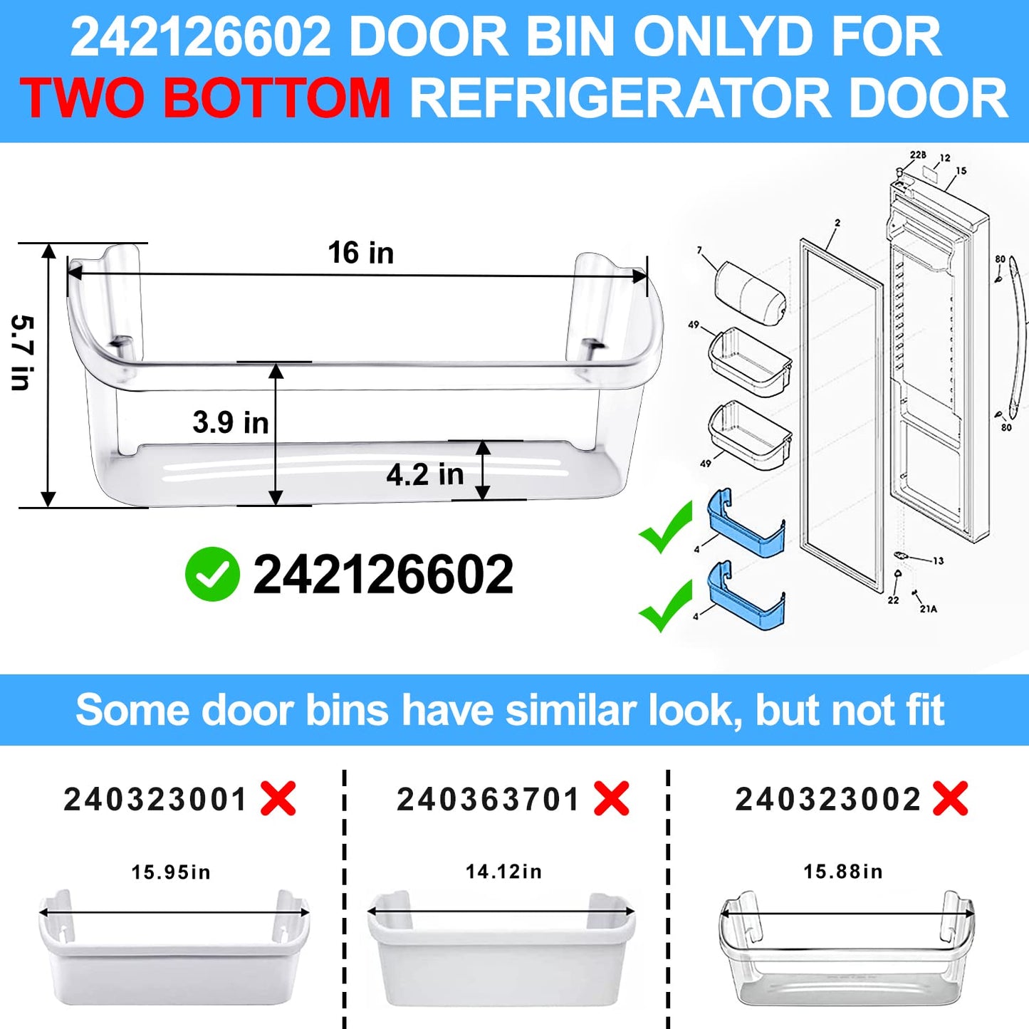 UPGRADED 242126602 Refrigerator Bottom Door Shelf Replacement For Frigidaire Refrigerator Door Shelf-Lower Side Shelf Rack Parts LFSS2612TF0 FFSS2615TS0 FFSS2625TS0 AP6278233 PS12364199-2 PACK