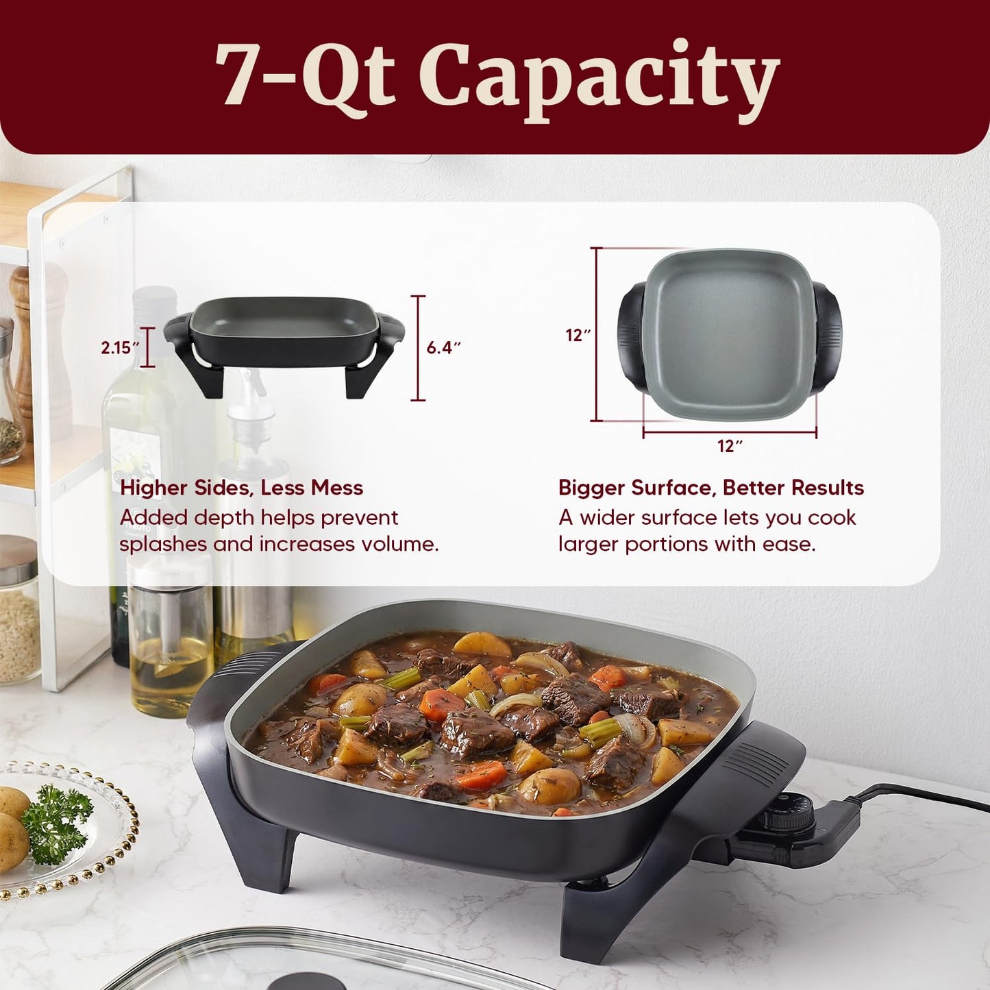 Elite Gourmet 12"x12"x2.15” Ceralast™ PFAS Free Ceramic Electric Skillet, Dishwasher Safe, Rapid Heat Up, 1200W, Dark Grey