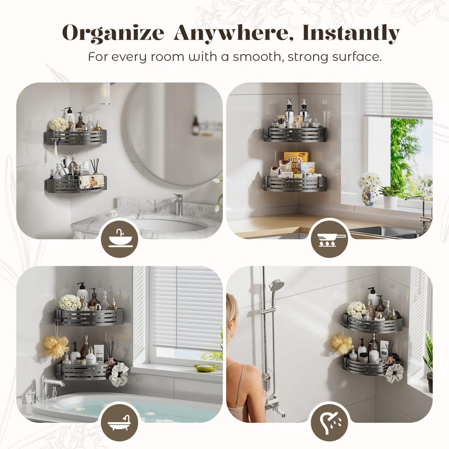Corner Shower Caddy Suction Cup,Shower Shelves with Hooks,No Drilling Powerful Suction Bathroom Organizers and Storage,Removable Waterproof Rustproof Shower Bathroom Accessories Decor(Grey 2Pack)