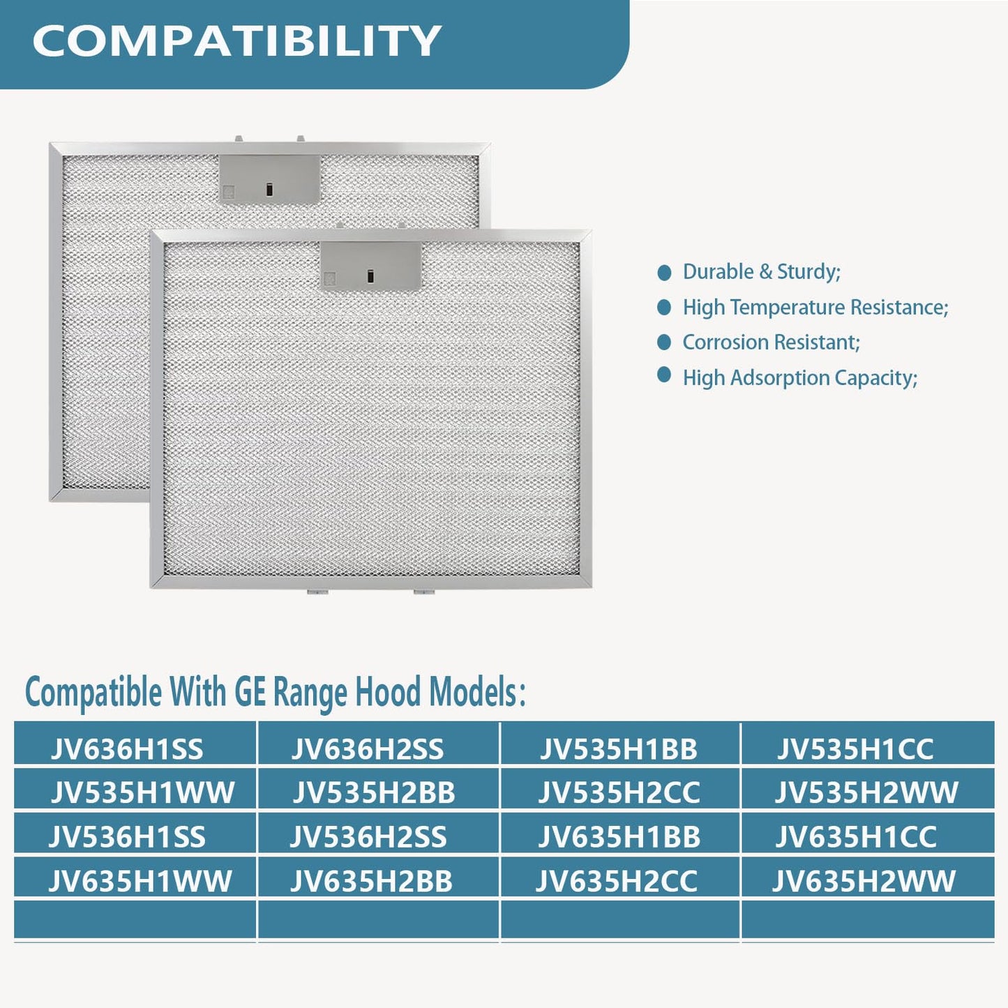 WB02X11011 Range Hood Filter Replacement For GE Range Hood JV636H1SS JV636H2SS JV536H1SS JV536H2SS JV535H1WW JV635H1BB JV635H2CC 14-1/2" x 11-5/8" 5-Layer Aluminum Mesh Grease Filter 2 Pack