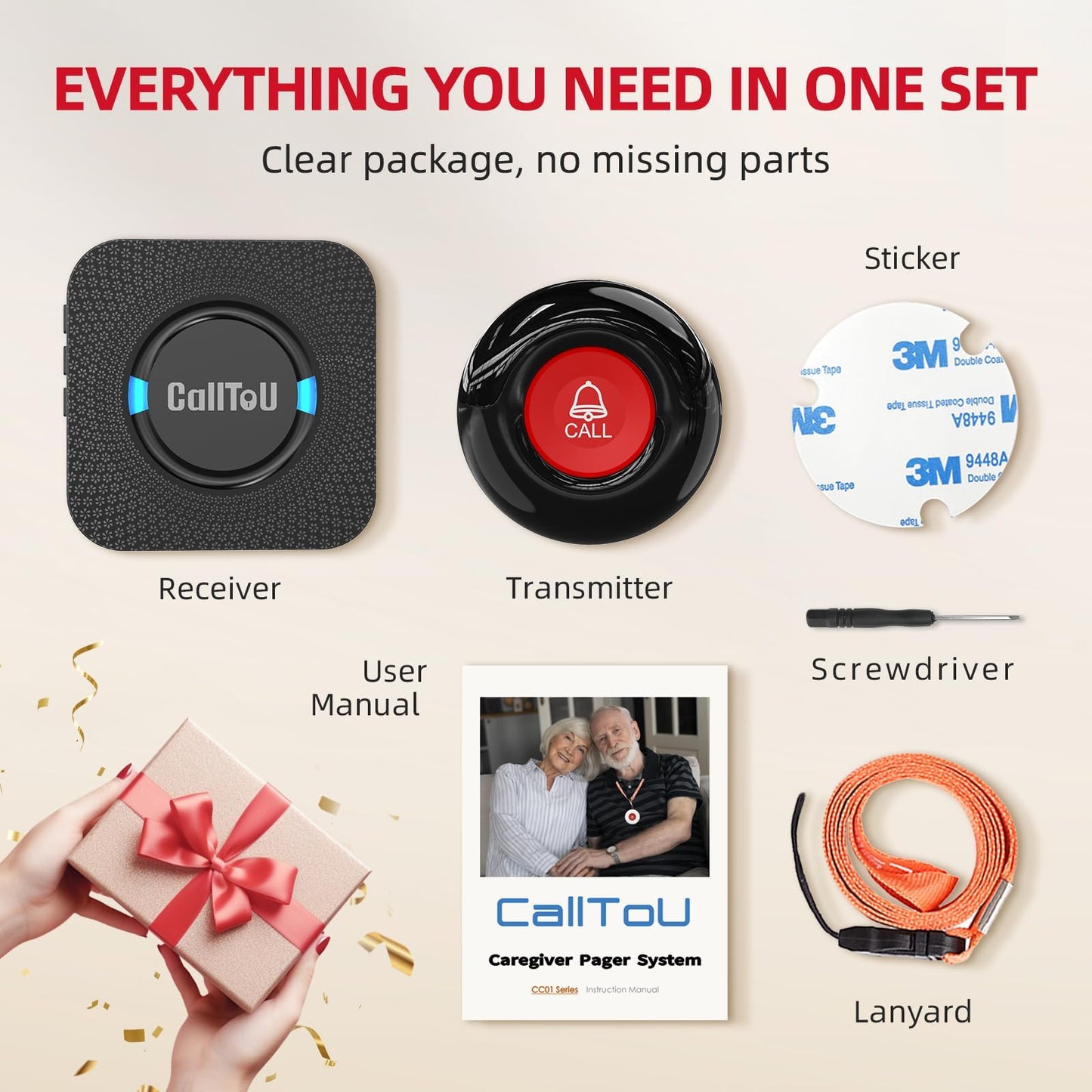 CallToU Caregiver Pager Wireless Call Bell Alert Button for Seniors/Elderly/Patients 2 Plugin Receiver 2 Waterproof Transmitter
