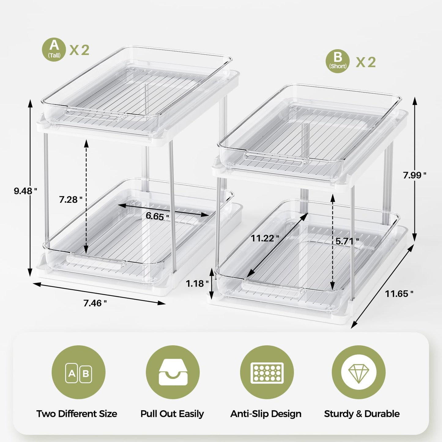 Delamu 2-Tier Bathroom Under Sink Organizers and Storage, Pull Out Cabinet Drawers with Anti-Slip Design, Multi-Purpose Storage for Kitchen, Pantry, Bathroom & Home Organization, White, 4 Pack