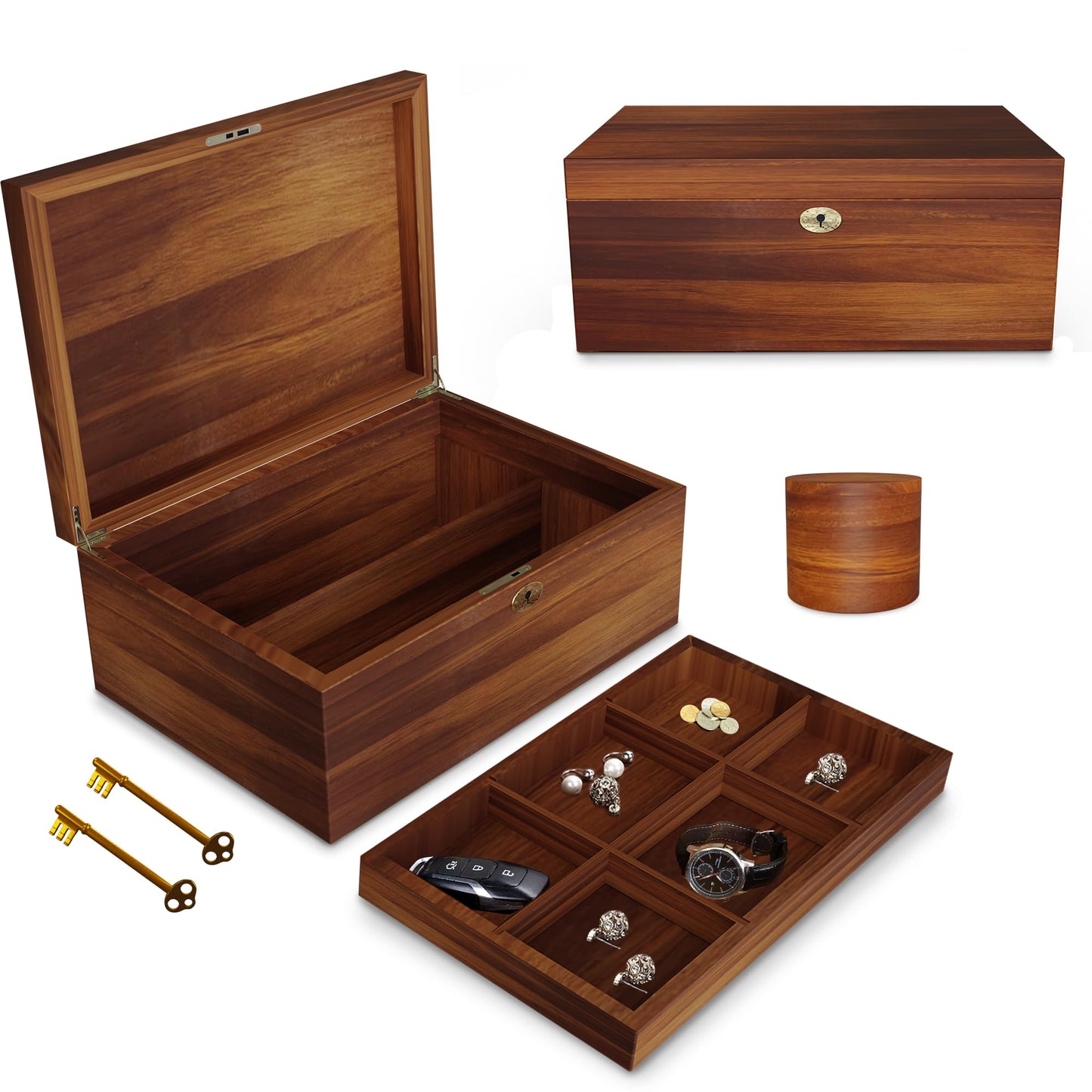 LUSH & STYLE Acacia Wooden Box, Keepsake With Hinged lid and locking keys, Decorative, Memory, Wooden Storage Boxes, Customizable With Adjustable Tray,keepsake trunk (Divider Model) Large 11x9x5 Inch