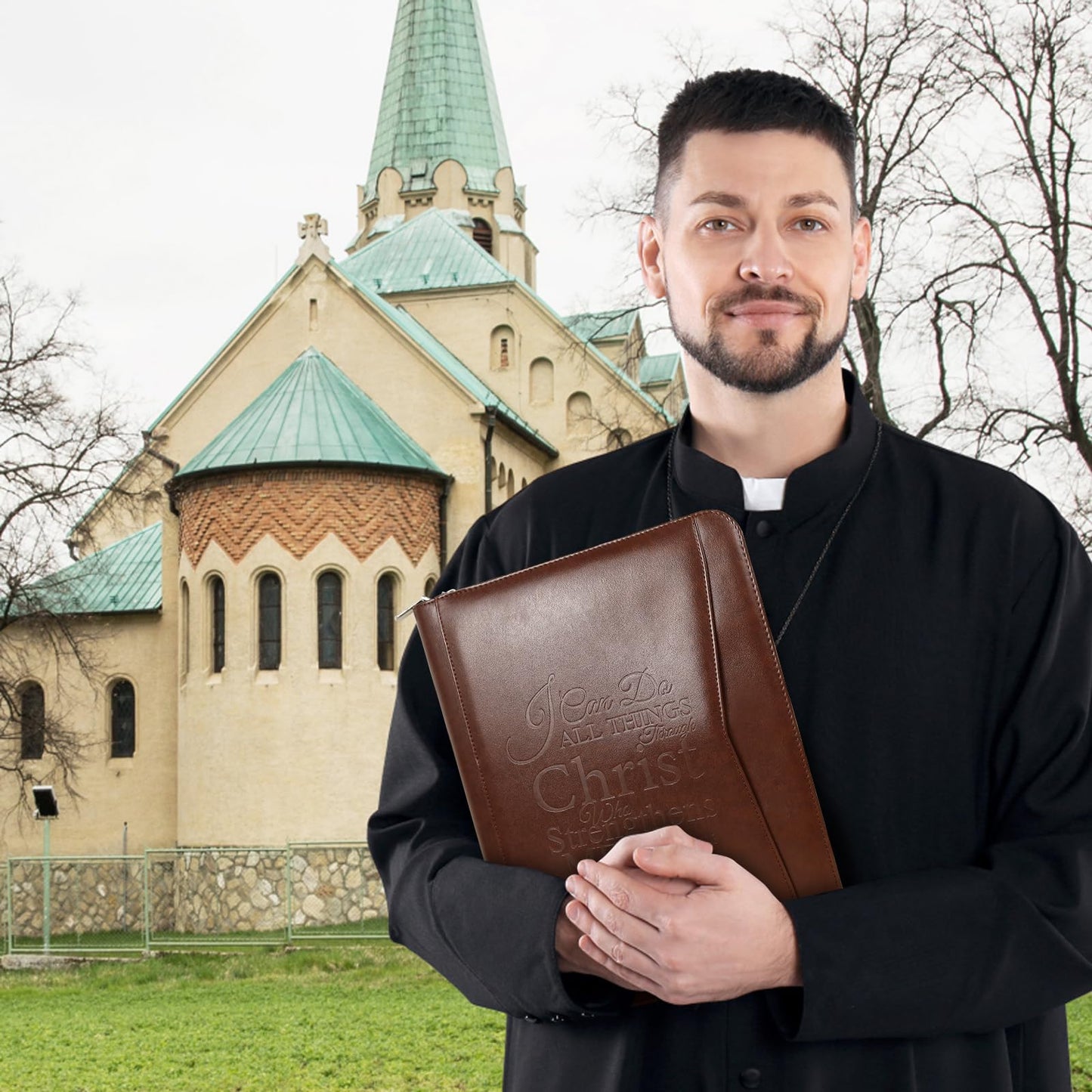 4 Pcs Christian Gifts for Men Pastors Appreciation Leather Bible Portfolio Scripture Notebook Bookmark Pen Religious Present Pastor Kit Supplies Accessories, 'I can do all things' Church Notes Journal