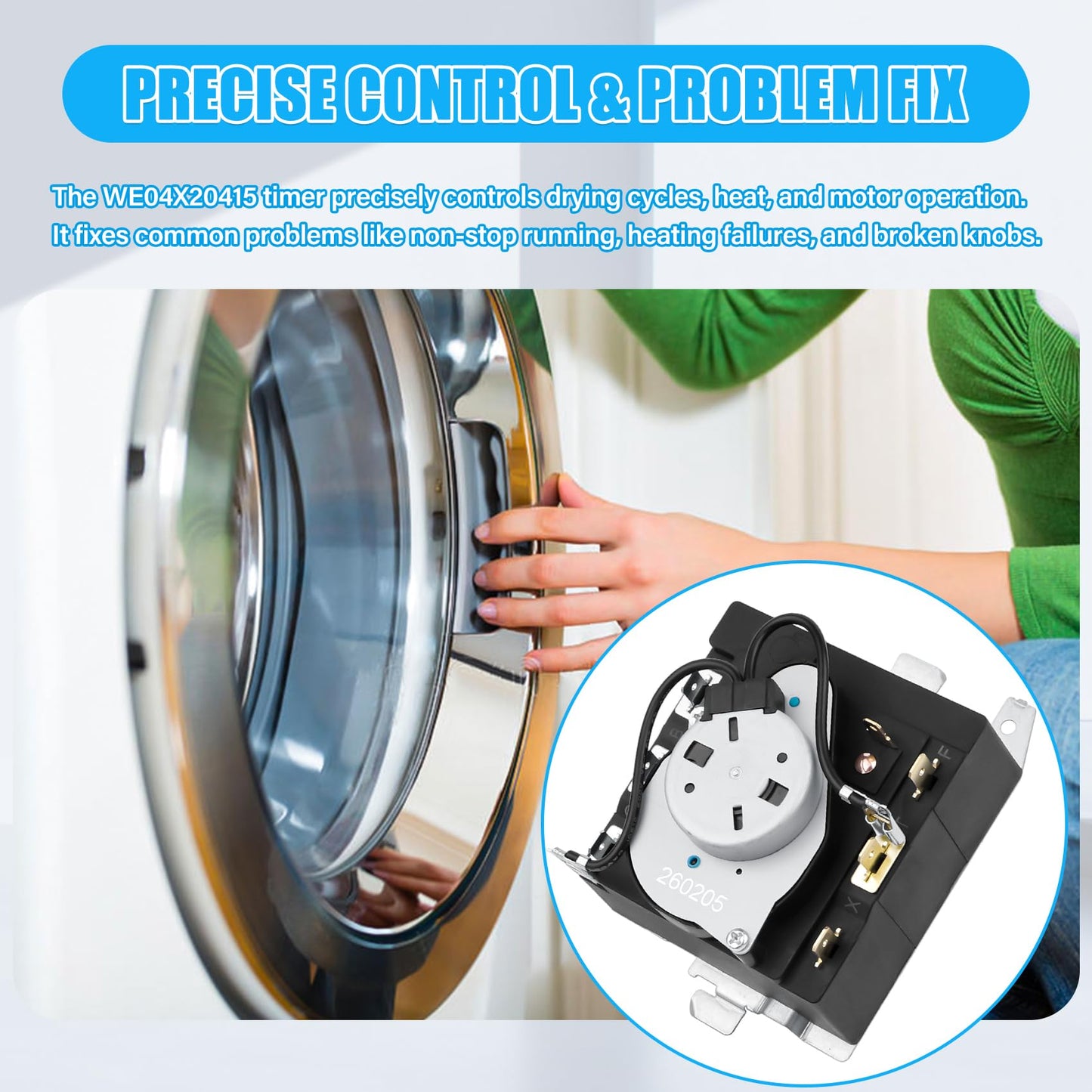 WE04X20415 Dryer Timer Compatible with GE Hotpoint Dryers, WE04X20415 Dryer Timer Control Replacement Part for TMD1CM11, WE4M355, AP5805477, 234D1296P003, EAP9491767, PD00027041, 3276788
