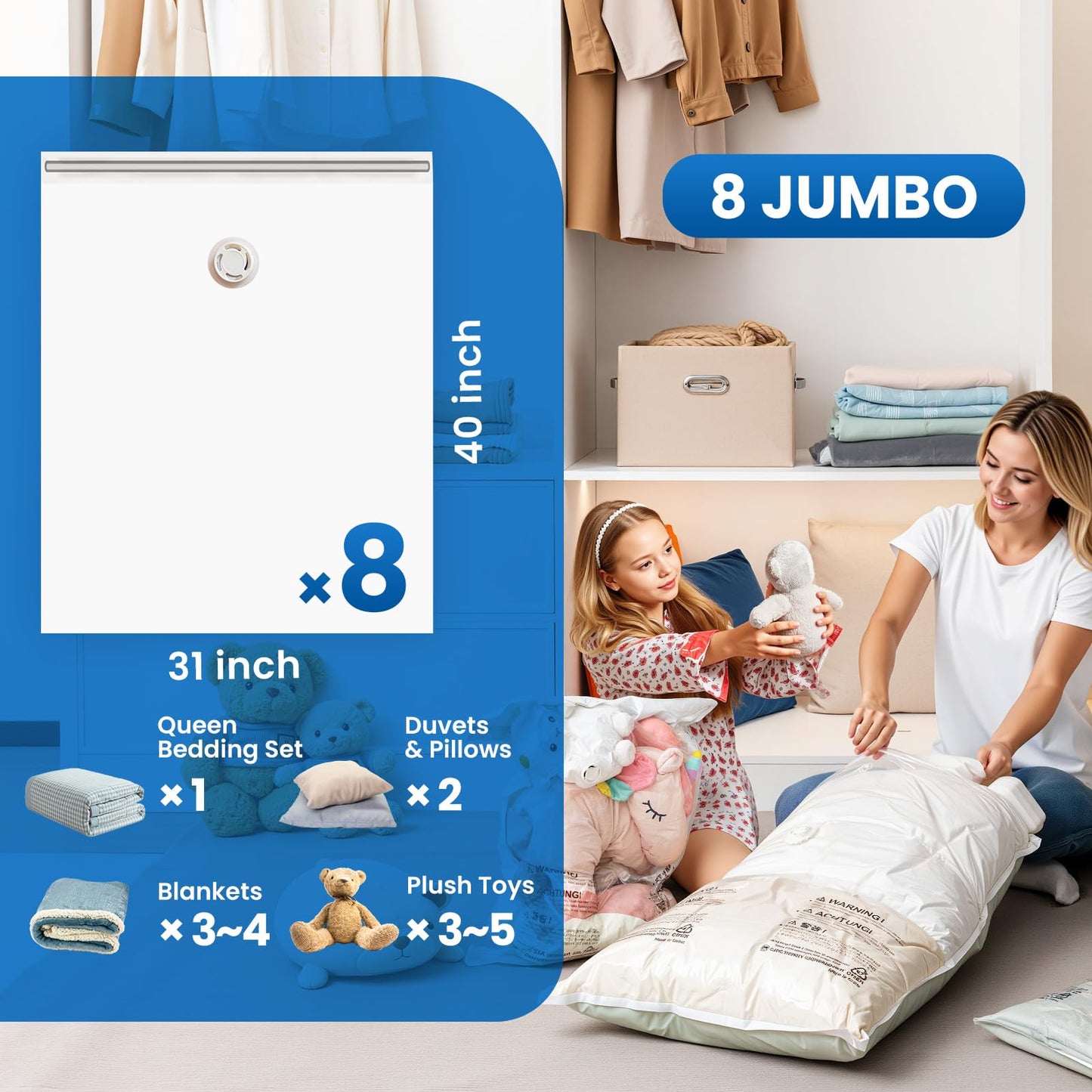 TAILI 8 Pack Vacuum Storage Bags for Comforter and Blankets, Jumbo Vacuum Seal Bags for Bedding 40x31 Inch, Space Saver Bags for Clothes, Pillows, Saving More Closet Space