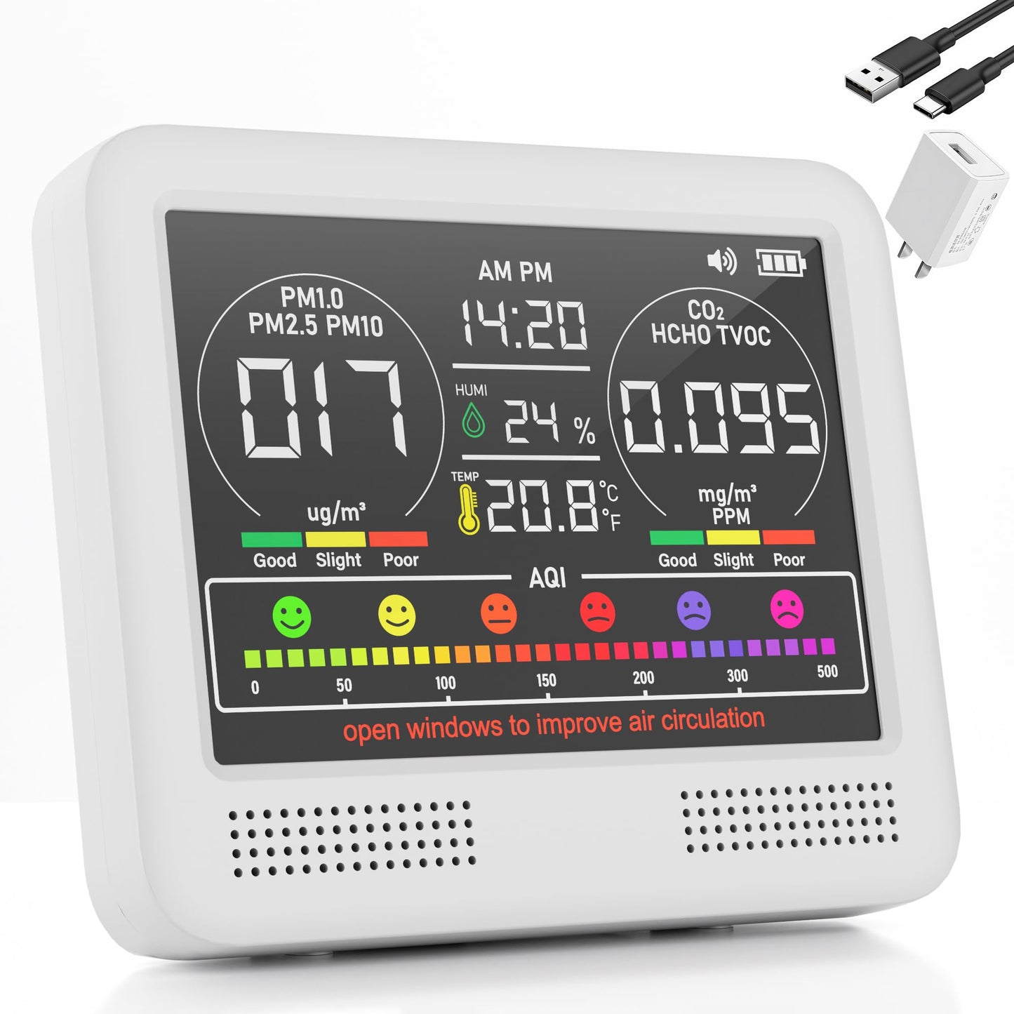 16 in 1 Air Quality Monitor Indoor with 7AQI & Alerts, Air Quality Meter for CO2, TVOC, PM1.0 PM2.5 PM10, HCHO, Temperature Humidity | AQI & Time | Air Detector for Home Office (White)