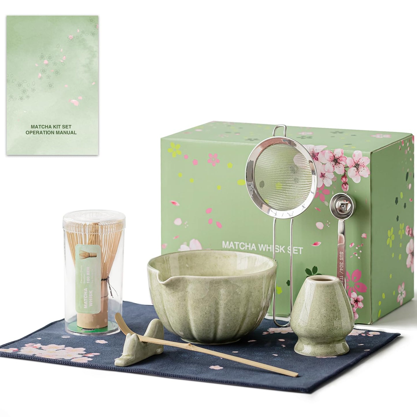 8 Pcs Matcha Whisk Set - HTRCXB Matcha Set with Ceramic Bowl, Bamboo Whisk & Holder, Scoop, Sifter, Measuring Spoon, Scoop Rest & Tea Towel, Complete Gift Kit for Beginners & Tea Lovers