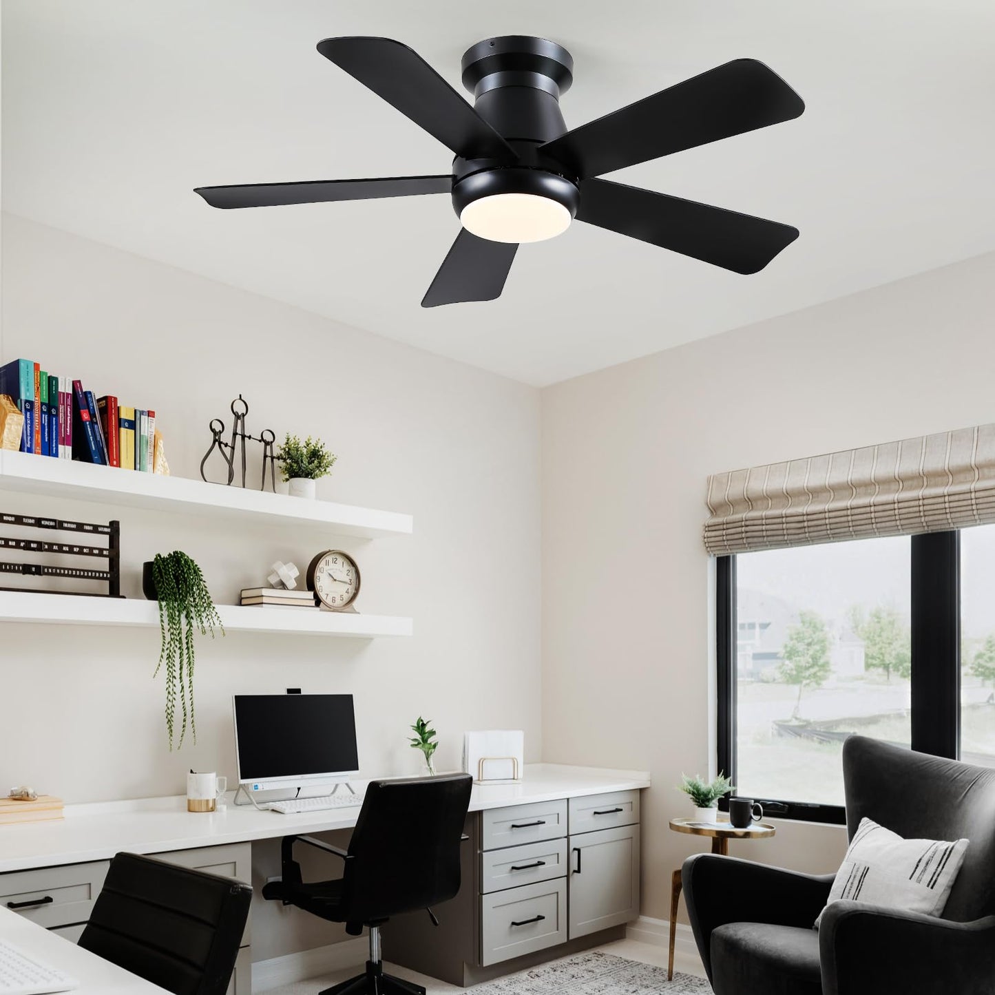 Hounberi 40 Inch Black Ceiling Fan with Light and Remote, Low Profile Flush Mount Ceiling Fans, Quiet Reversible Motor, 3-Color Dimmable LED, Modern Indoor Fan for Bedroom, Living Room & Low Ceilings