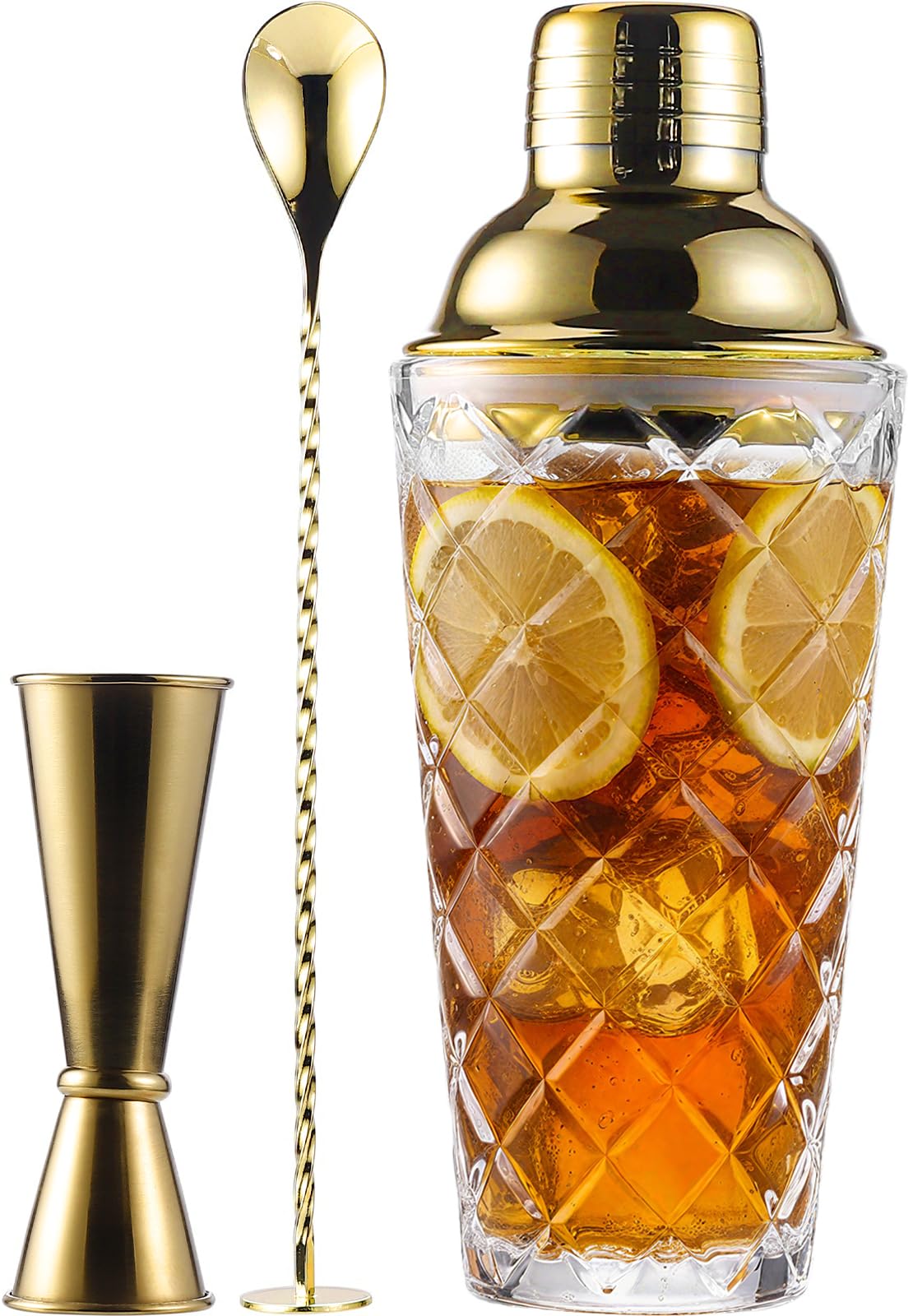 Glass Cocktail Shaker Set with Built-in Strainer – 16oz Thickened Pineapple Glass Gold Shaker Set, Gold Jigger & Bar Spoon with Muddler for Home Bar/Trolley Décor/Margaritas/Martinis