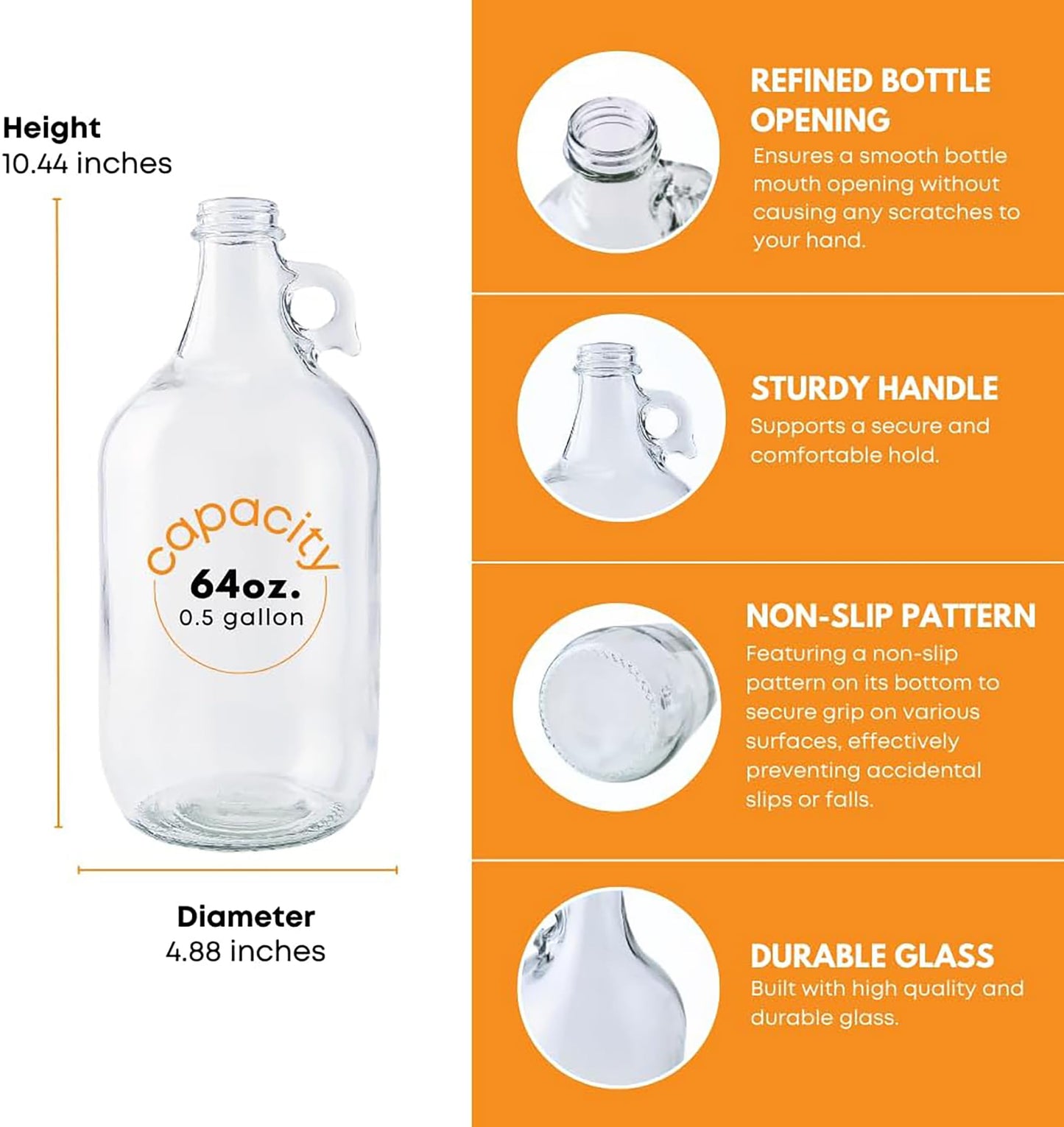 Fastrack 6-Pack Half-Gallon Glass Jug Set (64 oz) w/12 Polyseal Caps & Black Jar Gripper Pad – Multipurpose Half Gallon Jug, & Detergent Dispenser for Laundry, Glass Jar for Liquids, Water & Juice