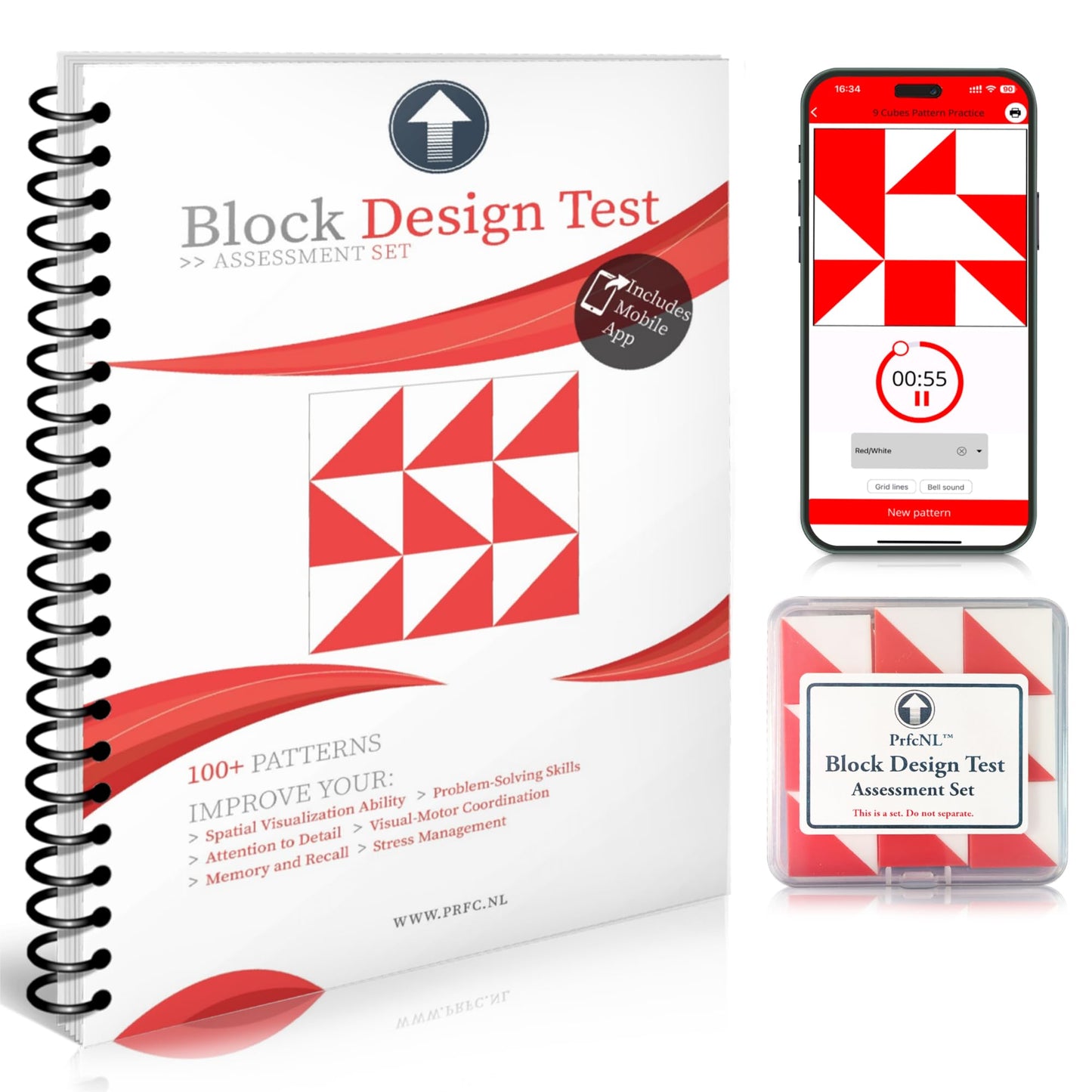 PrfcNL Bundle for IQ Test Practice and Prep for BDT, WISC, WPPSI, WAIS with 100 Patterns, Mobile App, 3D Blocks and Manual, Montessori Educational Set to Improve Concentration, Coordination and Memory