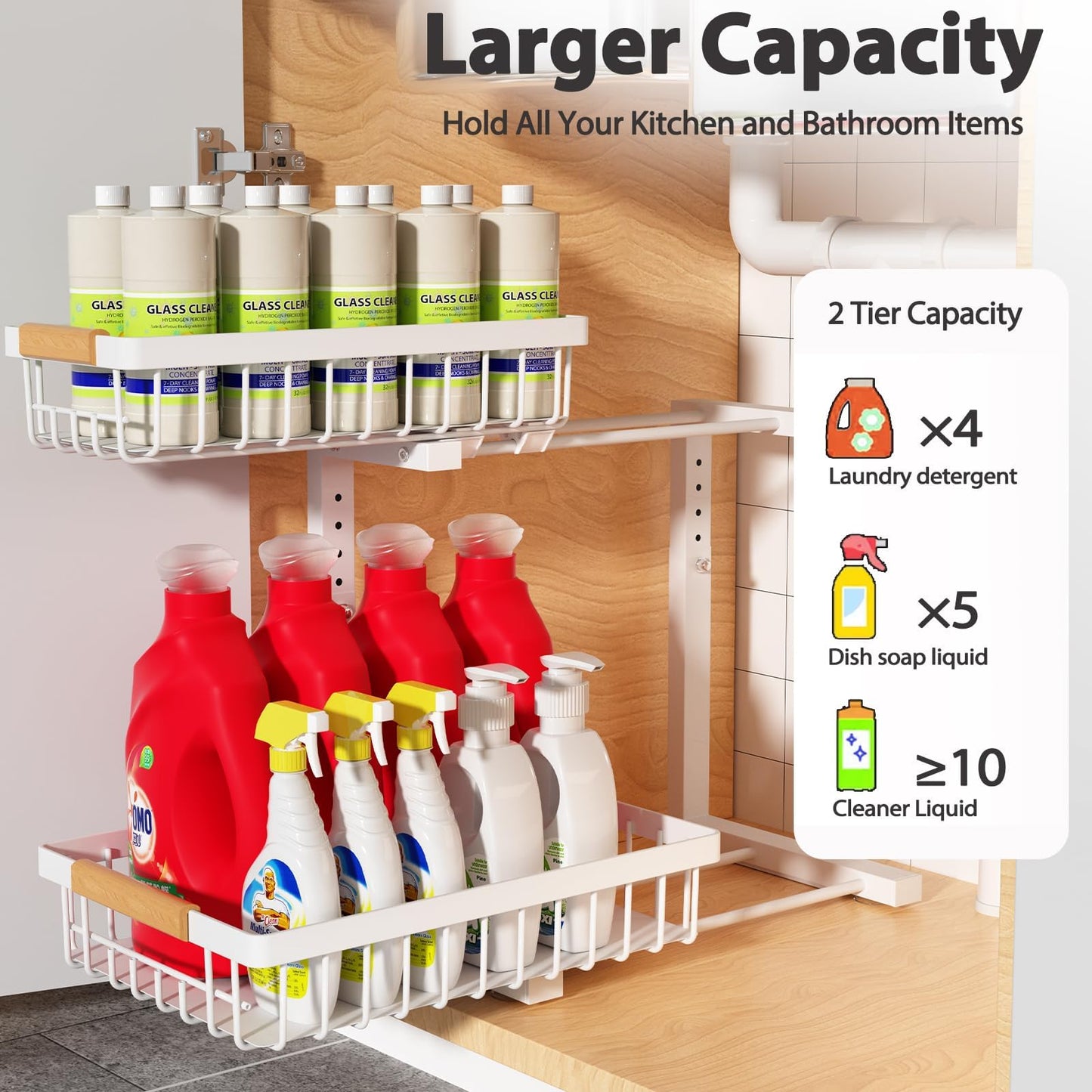 Liuoud Under Sink Organizer 2 Pack, 2 Tier Slide Out Large Capacity Height Adjustable Under Sink Organizers and Storage for Kitchen Bathroom Cabinet, White