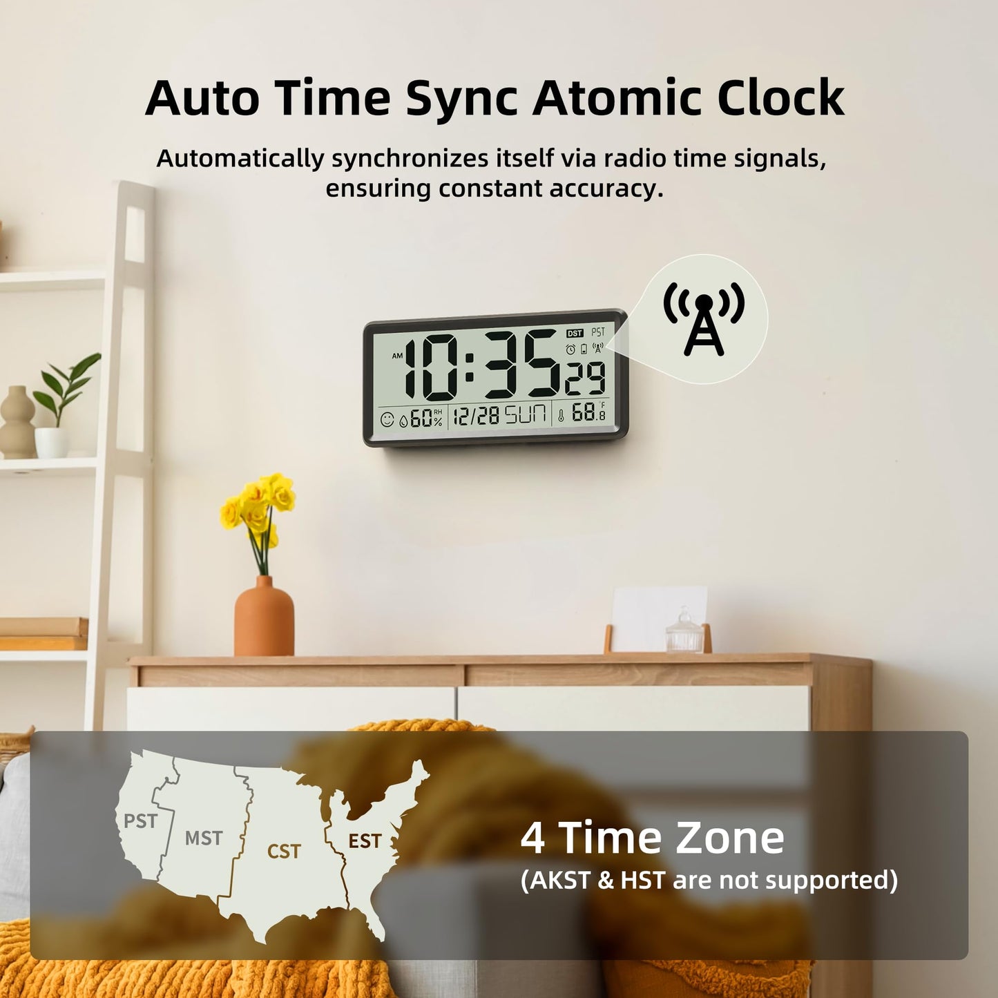 EASYERA 15'' Large Digital Wall Clock Battery Operated, Atomic Clock with Indoor Temperature and Humidity, Self-Setting with Auto DST, for Kitchen, Classroom, Living Room (Batteries Not Included)