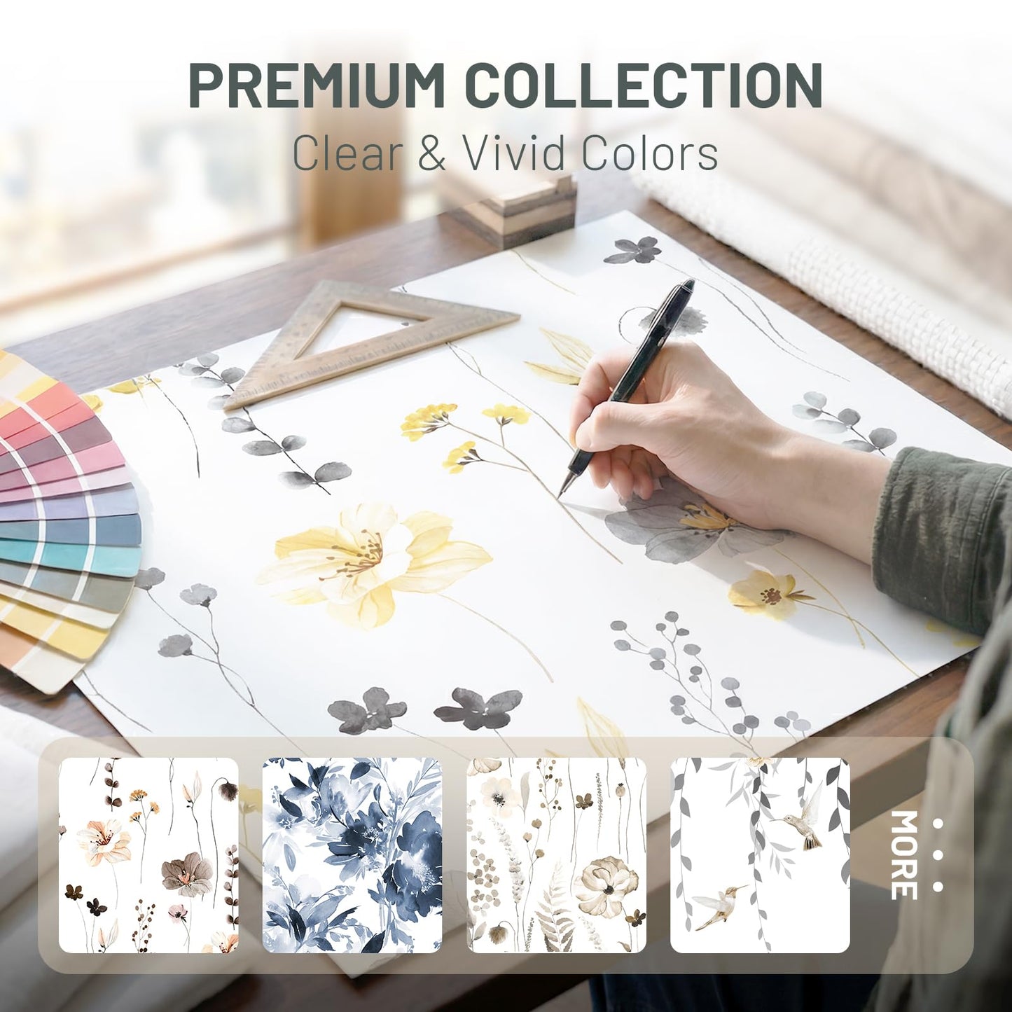 WITHLOC No Hook Shower Curtain with Snap in Liner - Floral Shower Curtain - Fabric Waterproof Inner Liner, Plants Watercolor Yellow Gray Modern Cloth Shower Curtains - Machine Washable, 71 x 74