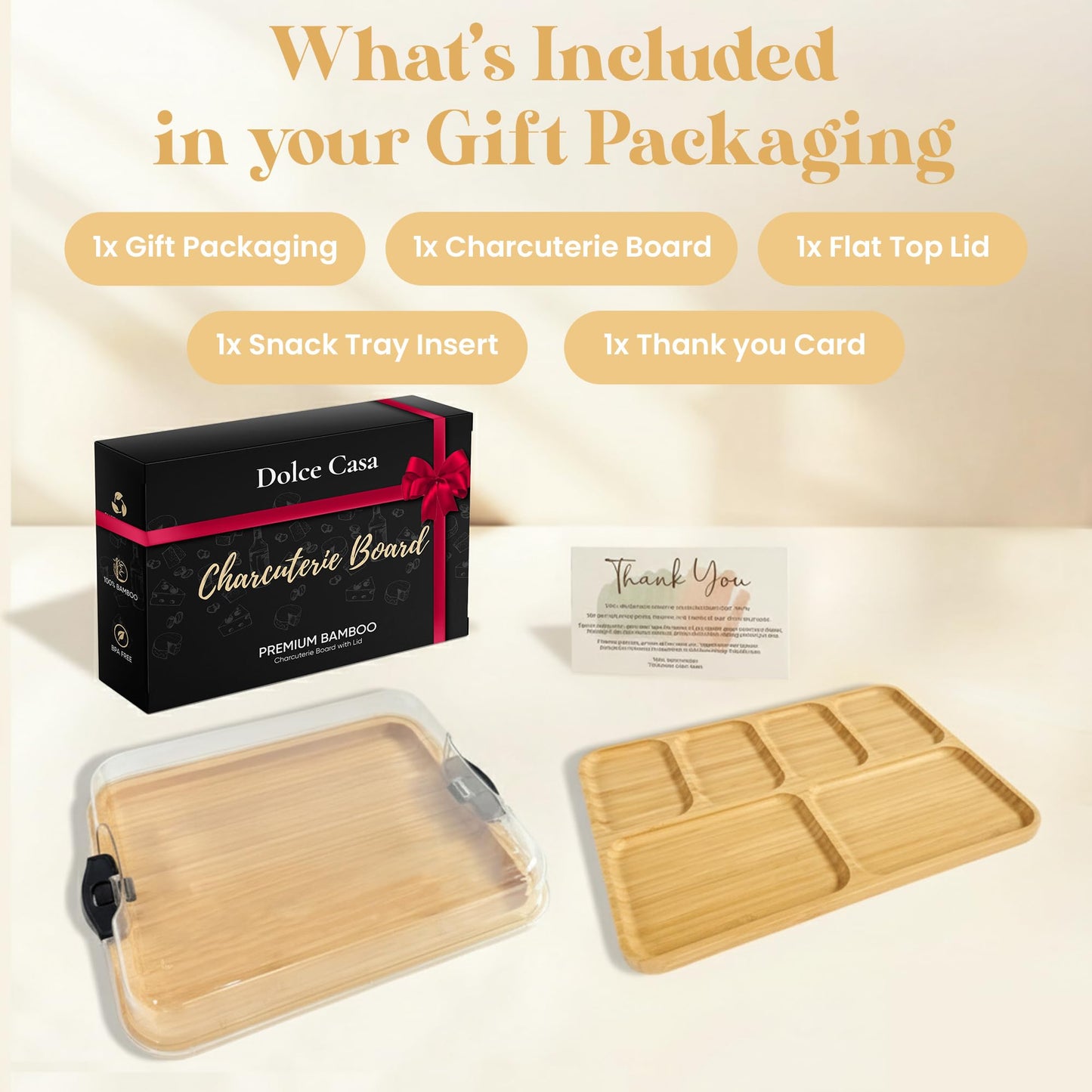 Dolce Casa Charcuterie Board with Lid 3-in-1, Portable Bamboo Serving Tray with Lid & Removable Snack Tray for Cheese, Fruit, Food - Covered Cheese Platter for Picnic, Travel, Ready-to-Gift