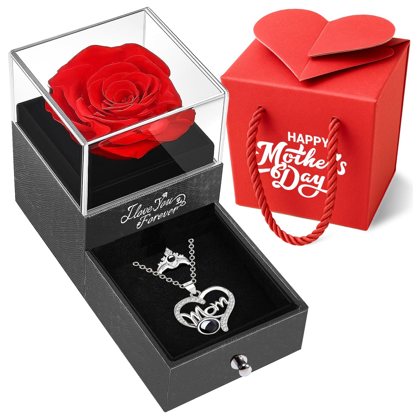 Norcalway Preserved Real Rose with I Love You Necklace - Forever Love Eternal Rose Box - Gifts for Girlfriend Women Her Mom Wife Grandma - I Love You Gifts for Her on Birthday, Weeding, Anniversary