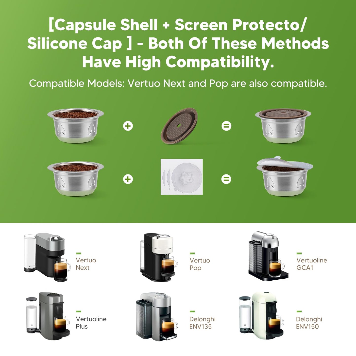 2pcs Reusable Pods for Nespresso Vertuo Machine, Stainless Steel 7.7oz Refillable Coffee Capsule Set with 2 Silicone Lid,1 Spoon,1 Brush,Coffee Accessories for Nespresso Vertuo Machine (2 Lids+2 Pods)
