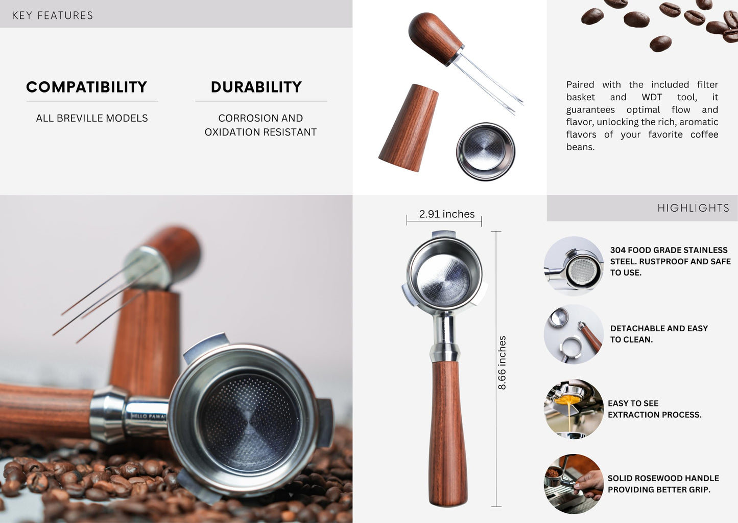 Pawa Bottomless Portafilter 54mm - Includes Filter Basket | Compatible with Breville Barista Express and 54mm Breville Machines (54mm Portafilter + WDT tool)