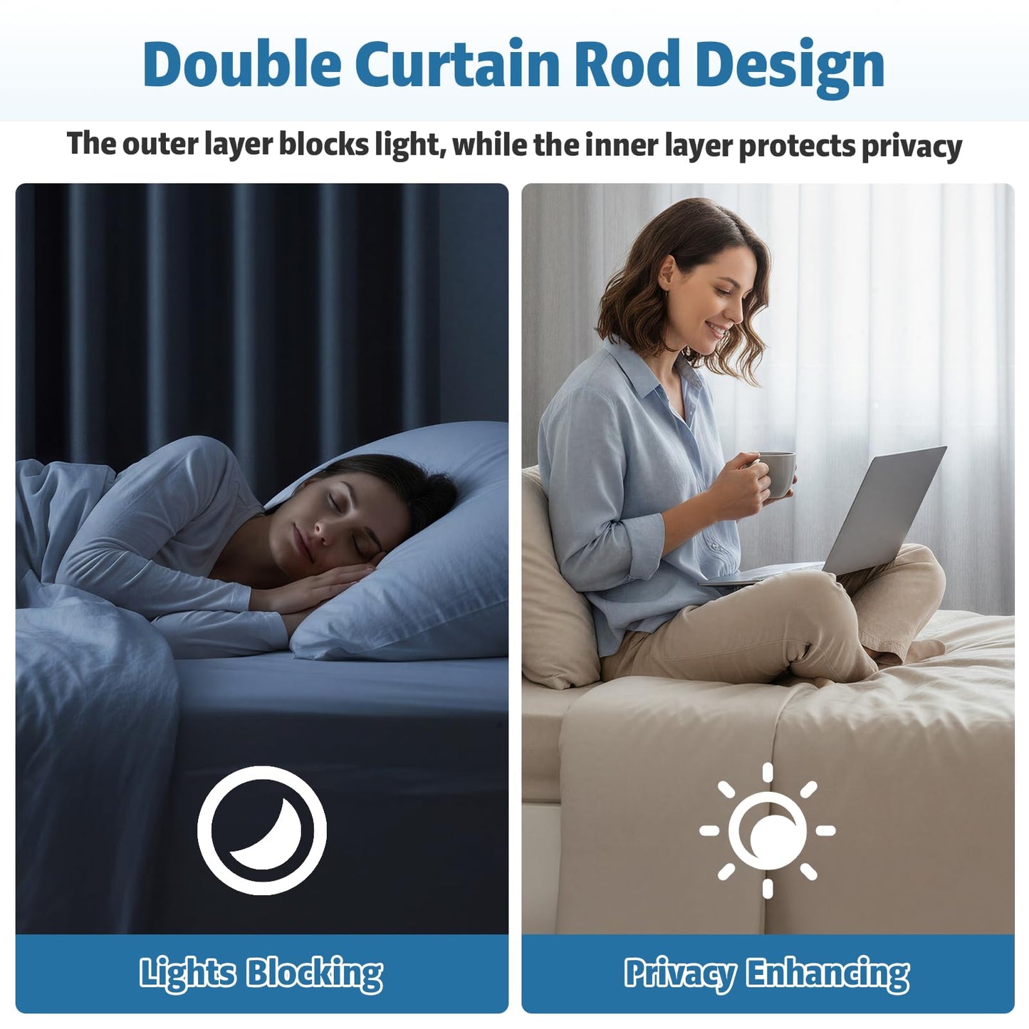 PeSenp 2 Pack Black Double Curtain Rod 38 to 62 Inches, Blackout Wrap Around Curtain Rod for Windows, 6/8 Inch Room Darkening Telescoping Double Drapery Rod, Easy Install for Rentals & Apartments