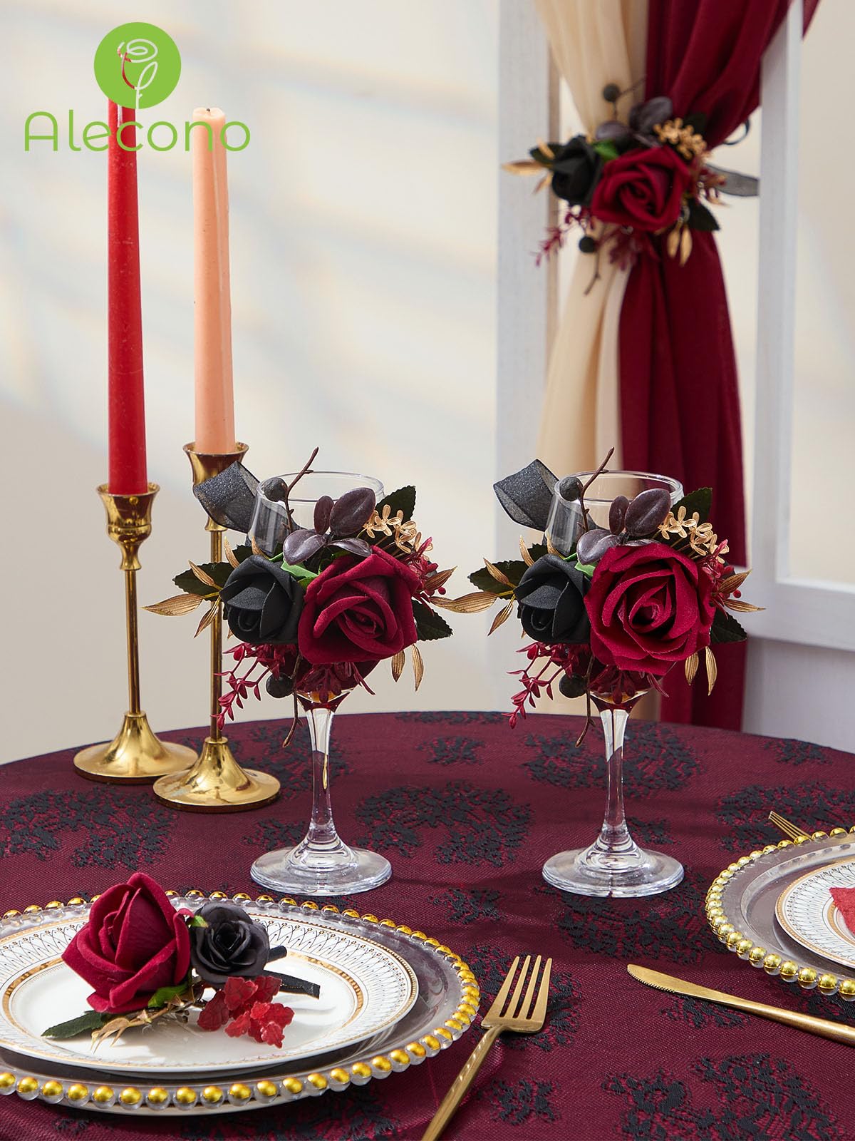 Alecono Burgundy Corsage and Boutonniere Set, Red and Black Rose Corsage Wristlet and Boutonniere for Wedding Prom Flower Accessories Suit Decorations