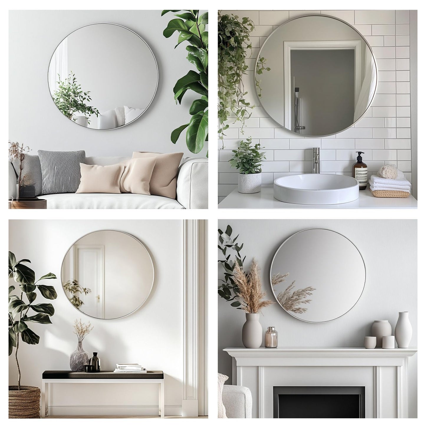 Oruii Silver Round Mirror, Round Mirror 24 inch Brushed Nickel, Circle Wall Mirrors Metal Frame, Silver Circular Mirrors for Bathroom, Wall, Living Room, Entryway, Hallway, Vanity, Rustic