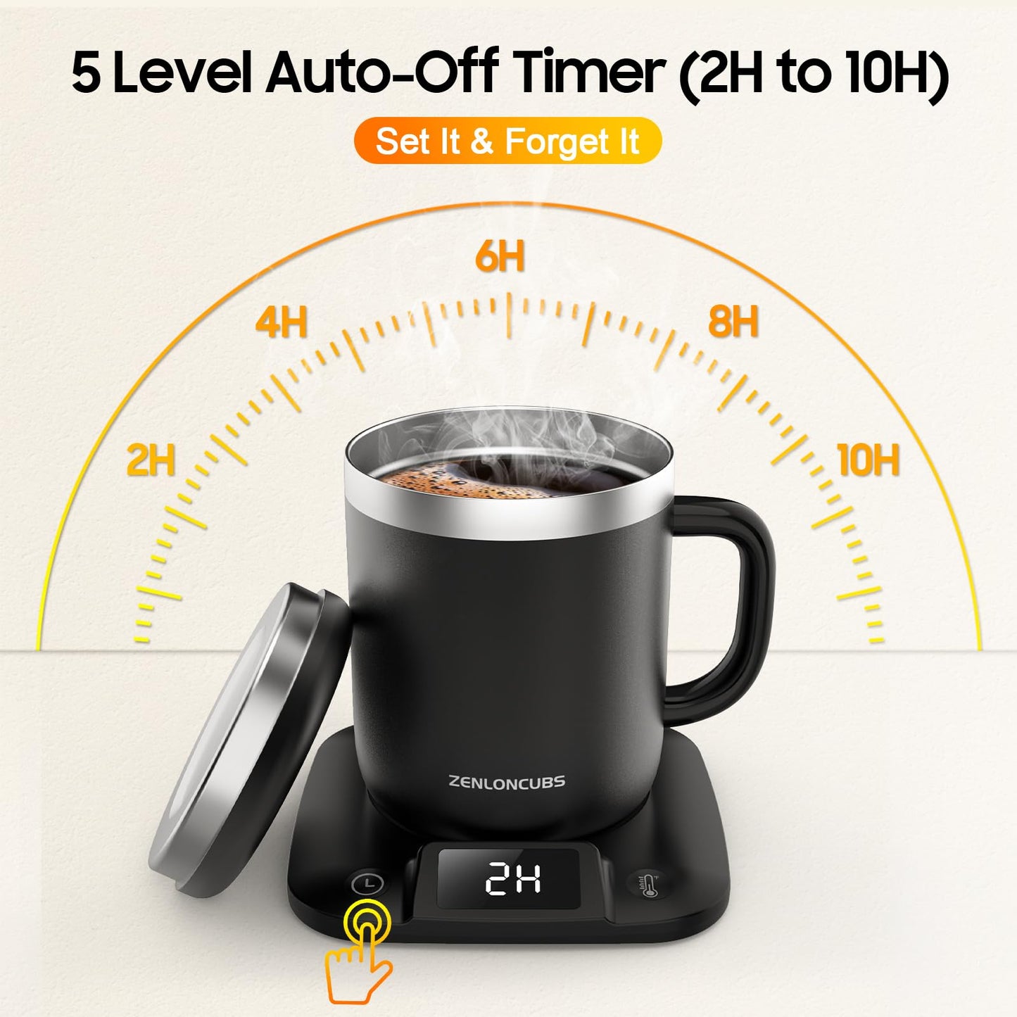 ZENLONCUBS Smart Electric Heated Coffee Mug with Temperature Control, 5 Settings & Display, Auto Shut-Off, Fast Heating Warmer Set with Stainsteel Coffee Mug (14oz-Black)