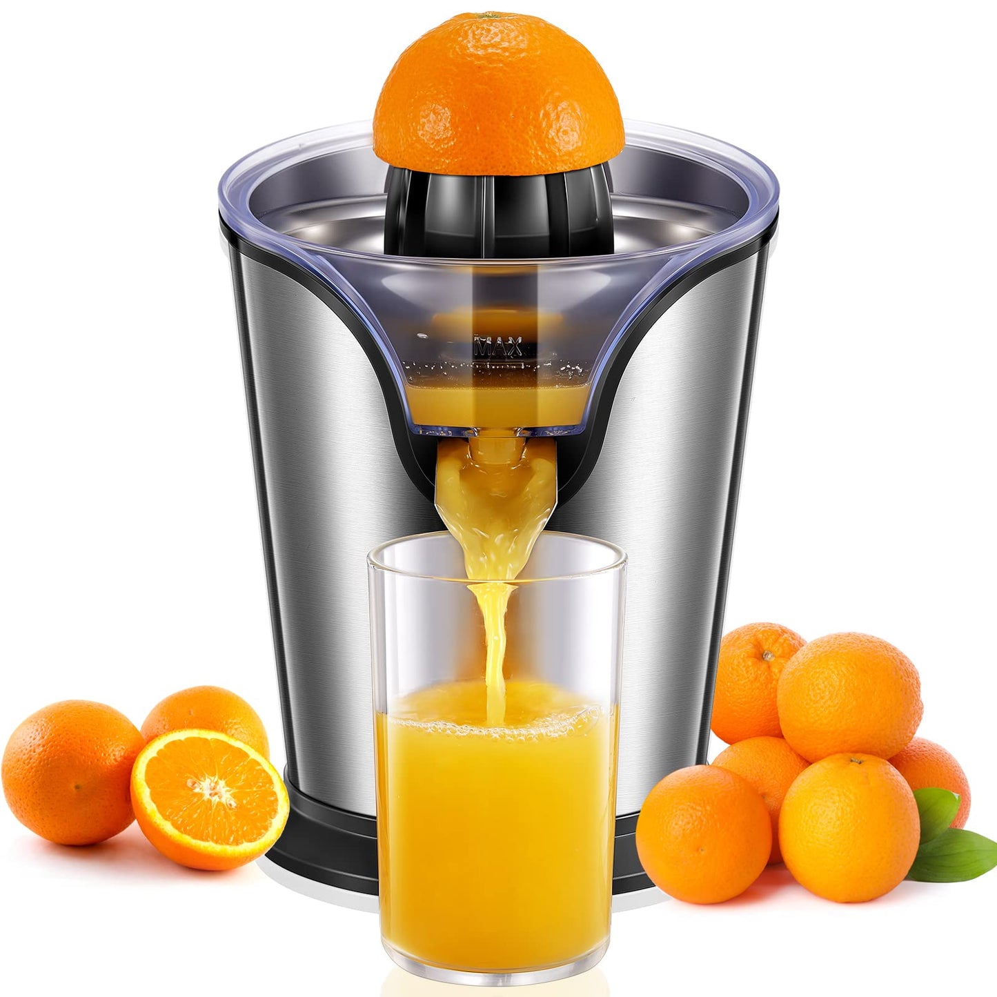 FOHERE Orange Juicer Squeezer Electric Citrus Juicer with Two Interchangeable Cones Suitable for orange, lemon and Grapefruit, Brushed Stainless Steel